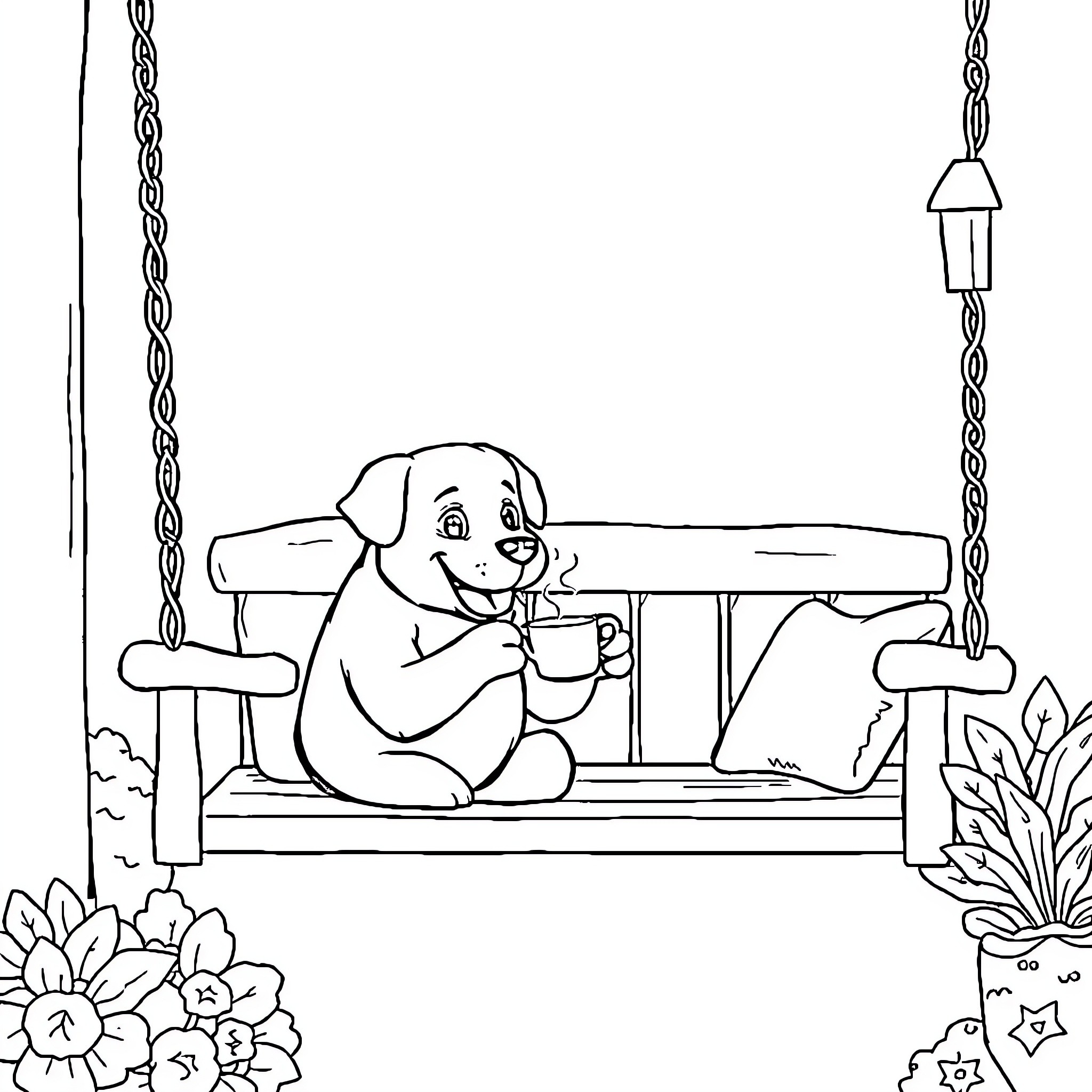 Dog sitting happily on a swing Coloring Page (free black-and-white line drawing printable PDF for all, from beginners to advanced learners, including children, teens, adults, and seniors)