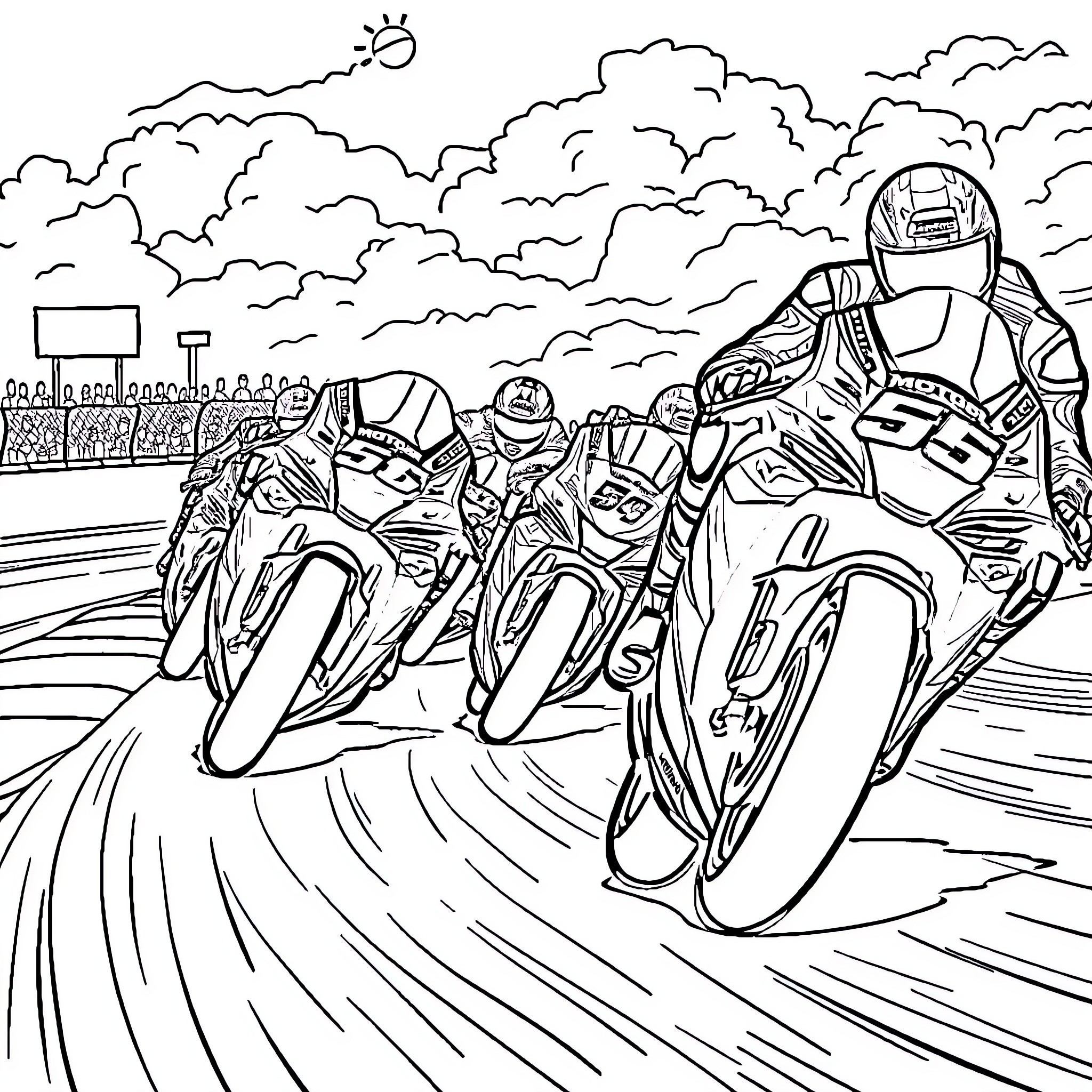 MotoGP Racers Speeding through the Circuit Coloring Page (free black-and-white line drawing printable PDF for all, from beginners to advanced learners, including children, teens, adults, and seniors)