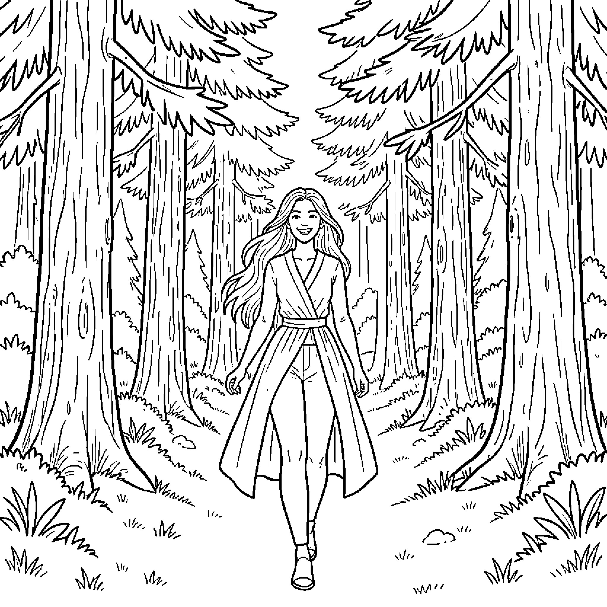 Mujer en el bosque con vegetación frondosa Coloring Page (free black-and-white line drawing printable PDF for all, from beginners to advanced learners, including children, teens, adults, and seniors)