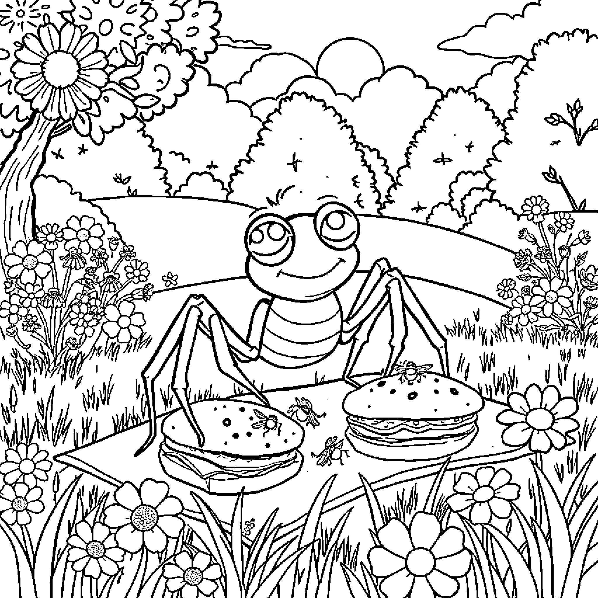 Spider enjoying a picnic in the nature Coloring Page (free black-and-white line drawing printable PDF for all, from beginners to advanced learners, including children, teens, adults, and seniors)