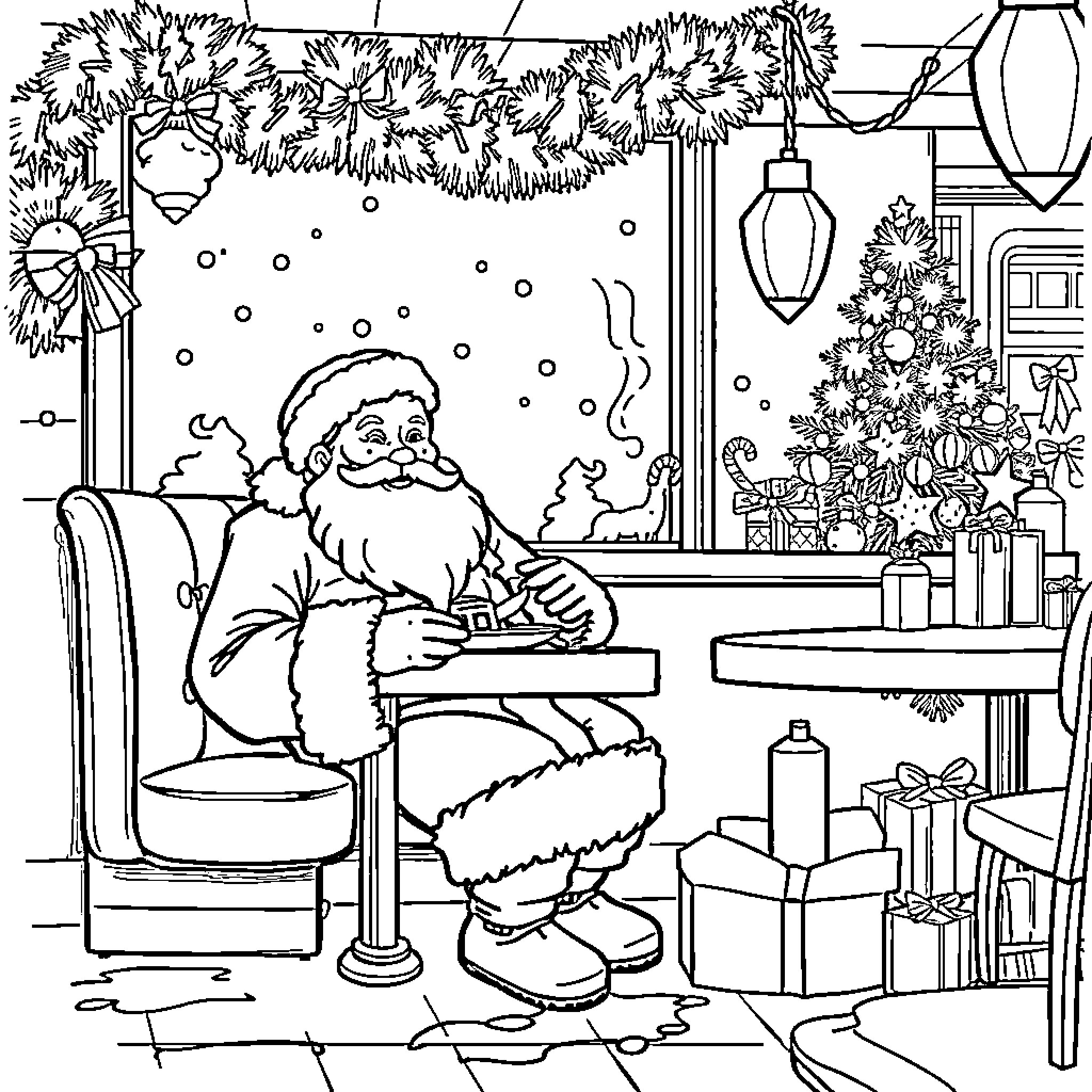 Santa decorating his workshop for the holidays Coloring Page (free black-and-white line drawing printable PDF for all, from beginners to advanced learners, including children, teens, adults, and seniors)