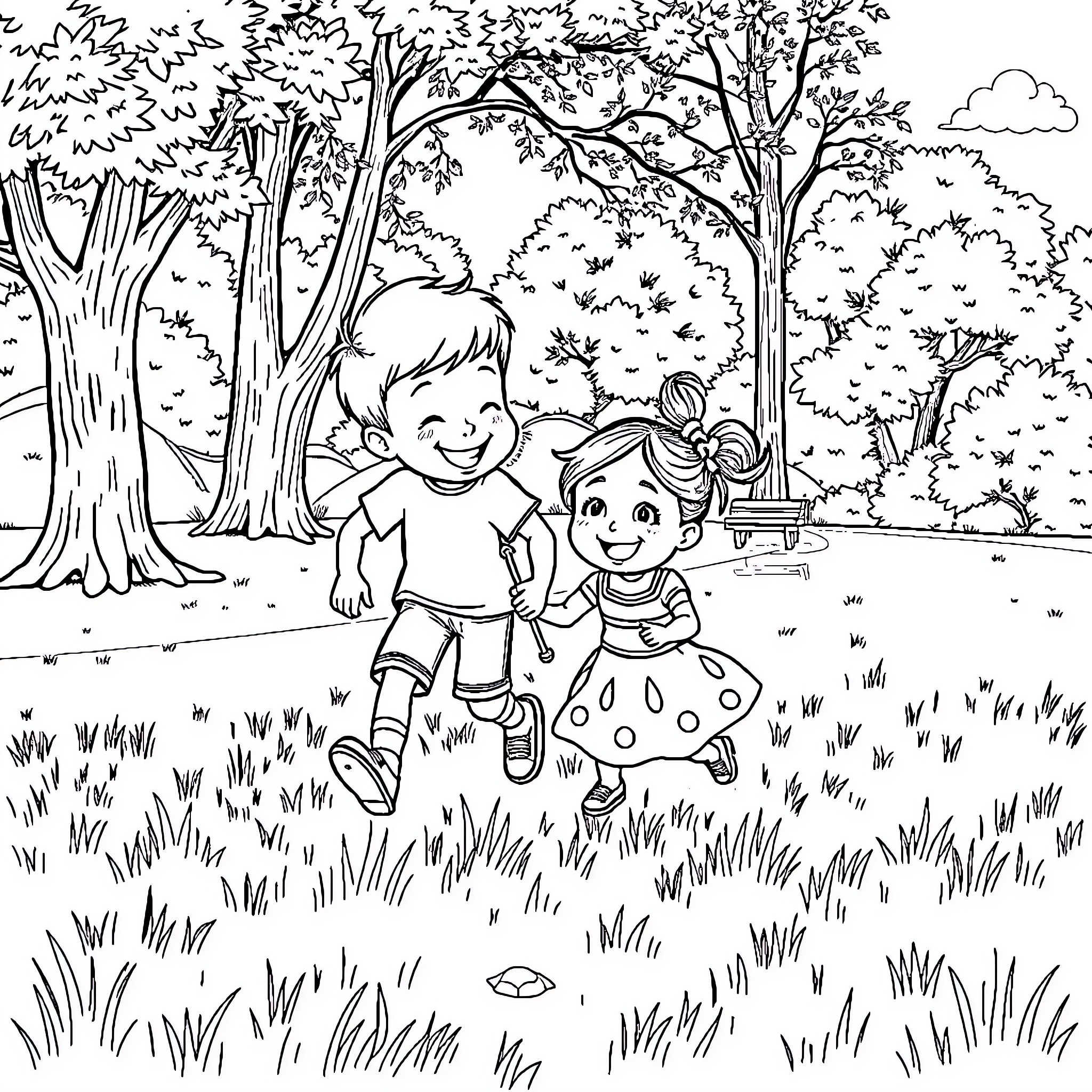 Dave and Lily exploring the enchanted forest Coloring Page (free black-and-white line drawing printable PDF for all, from beginners to advanced learners, including children, teens, adults, and seniors)