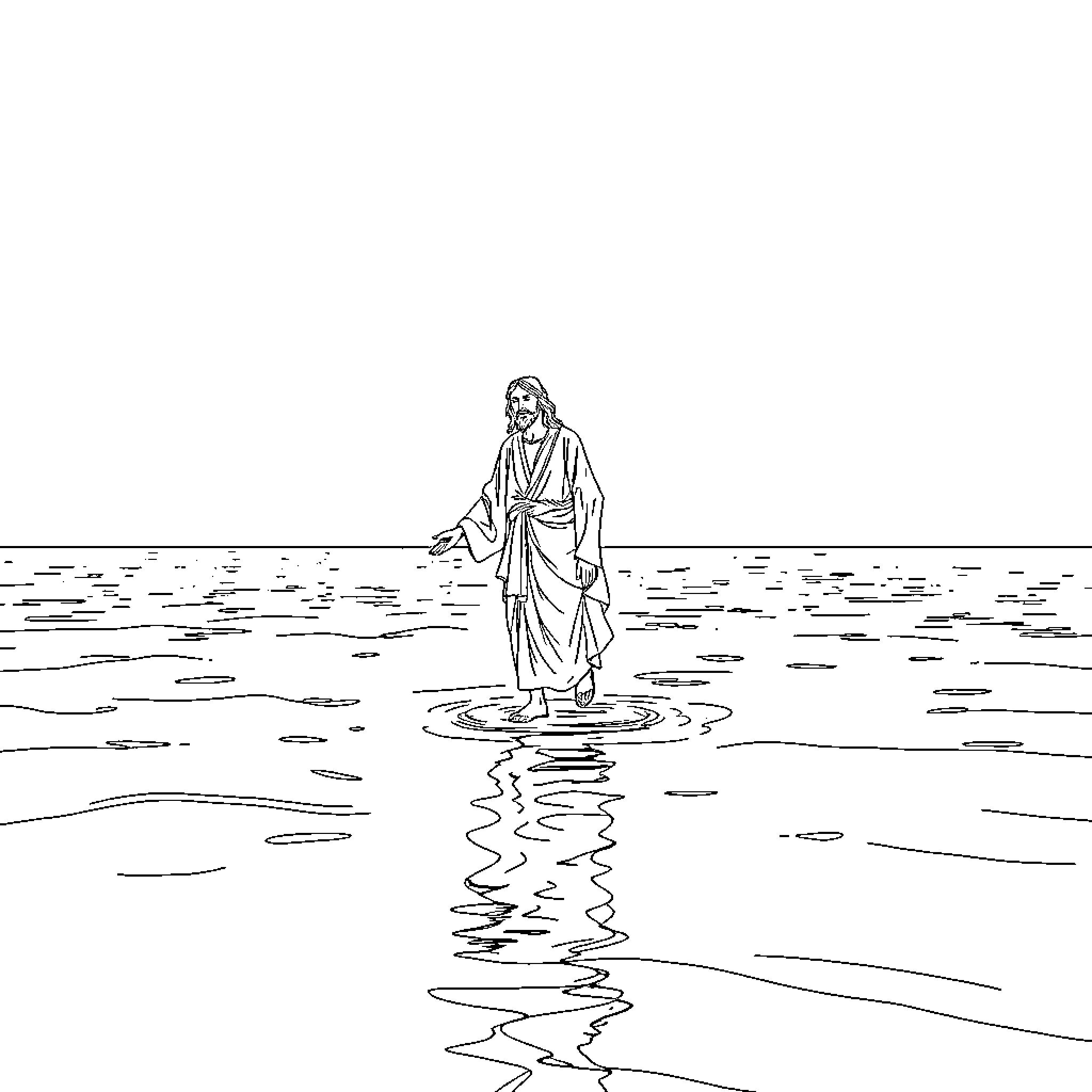 Jesus walking on water with calm reflection Coloring Page (free black-and-white line drawing printable PDF for all, from beginners to advanced learners, including children, teens, adults, and seniors)