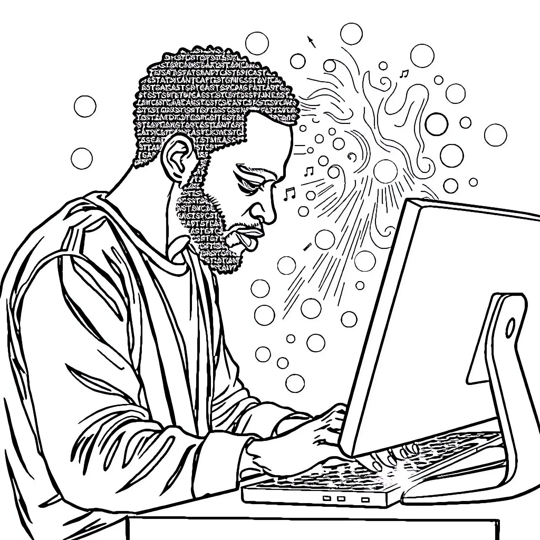 Ethiopian man working intently on computer Coloring Page (free black-and-white line drawing printable PDF for all, from beginners to advanced learners, including children, teens, adults, and seniors)