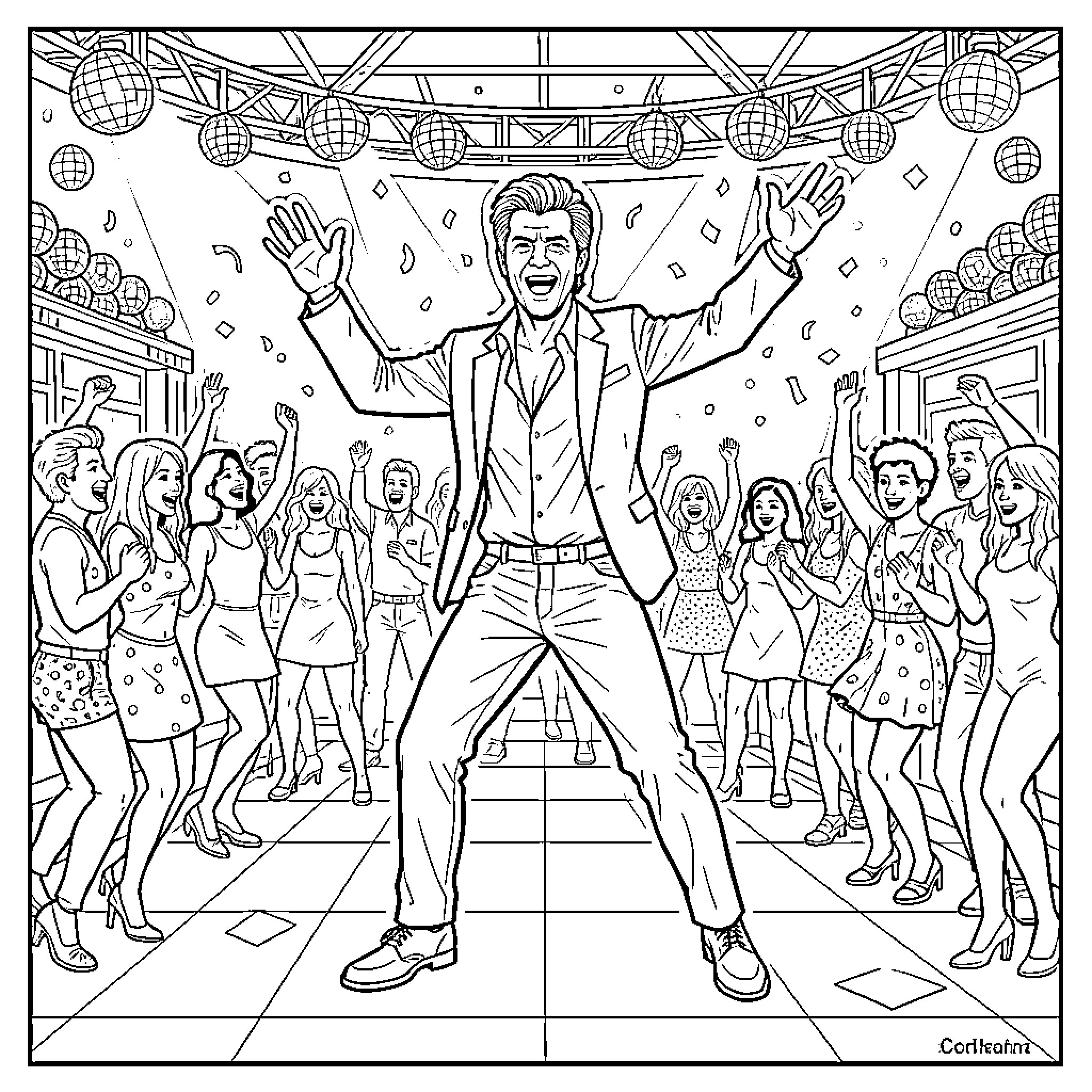 John Travolta dancing on stage with crowd Coloring Page (free black-and-white line drawing printable PDF for all, from beginners to advanced learners, including children, teens, adults, and seniors)