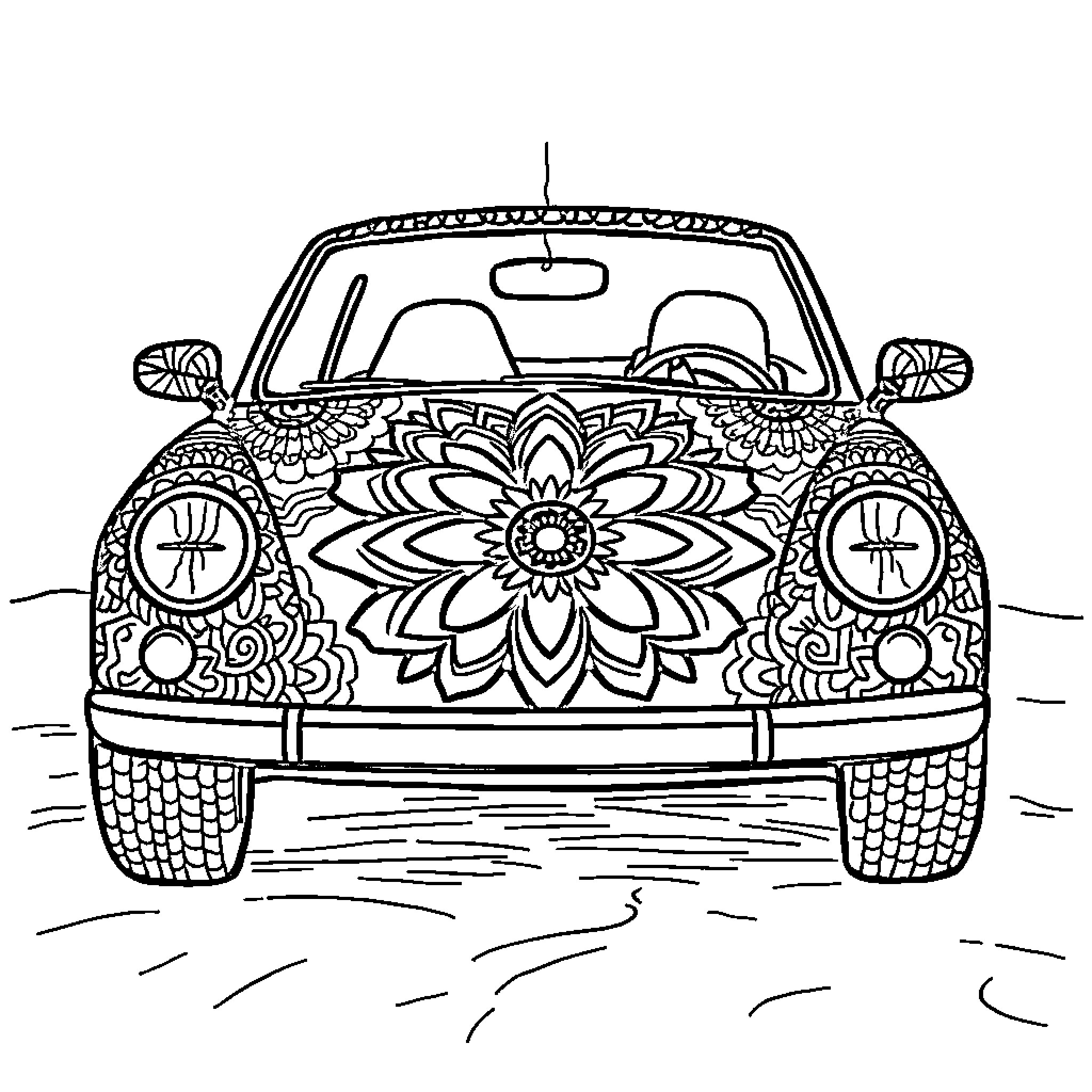Car with Intricate Floral Designs Coloring Page (free black-and-white line drawing printable PDF for all, from beginners to advanced learners, including children, teens, adults, and seniors)