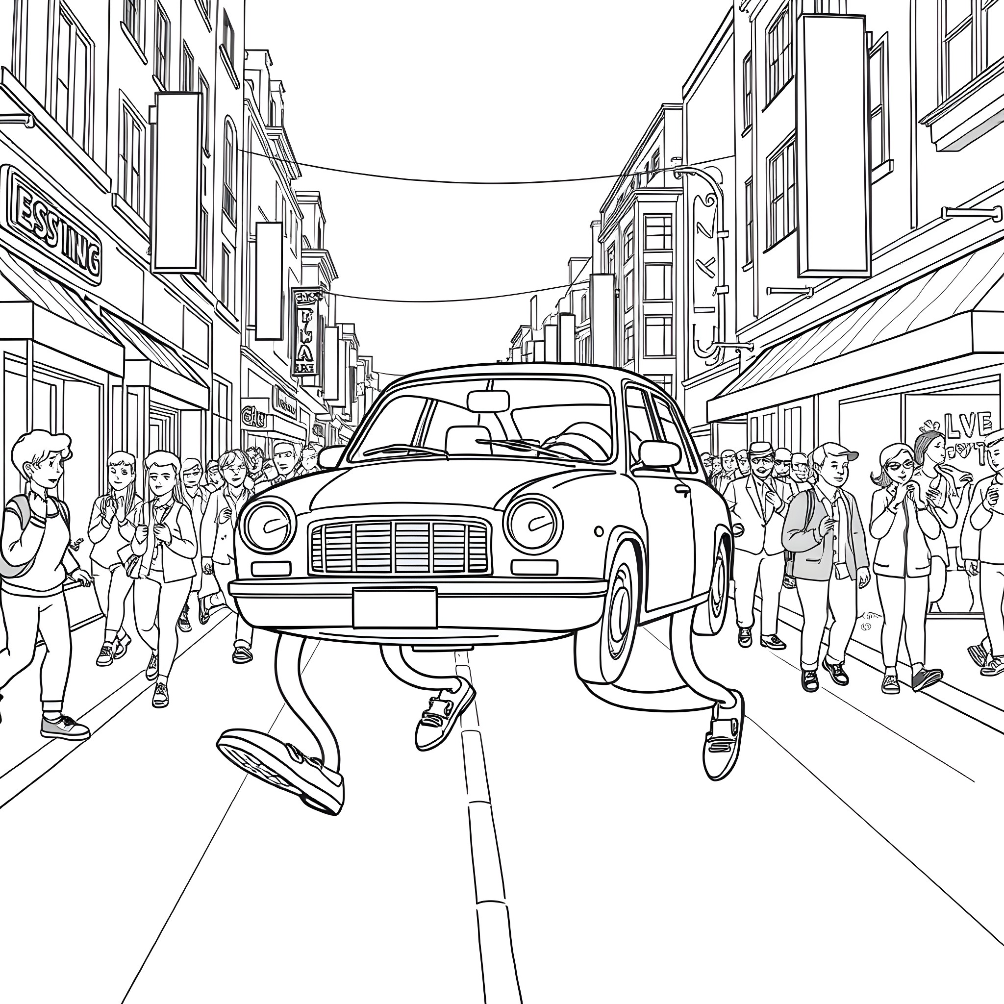 Walking Car in a Bustling City Street Coloring Page (free black-and-white line drawing printable PDF for all, from beginners to advanced learners, including children, teens, adults, and seniors)