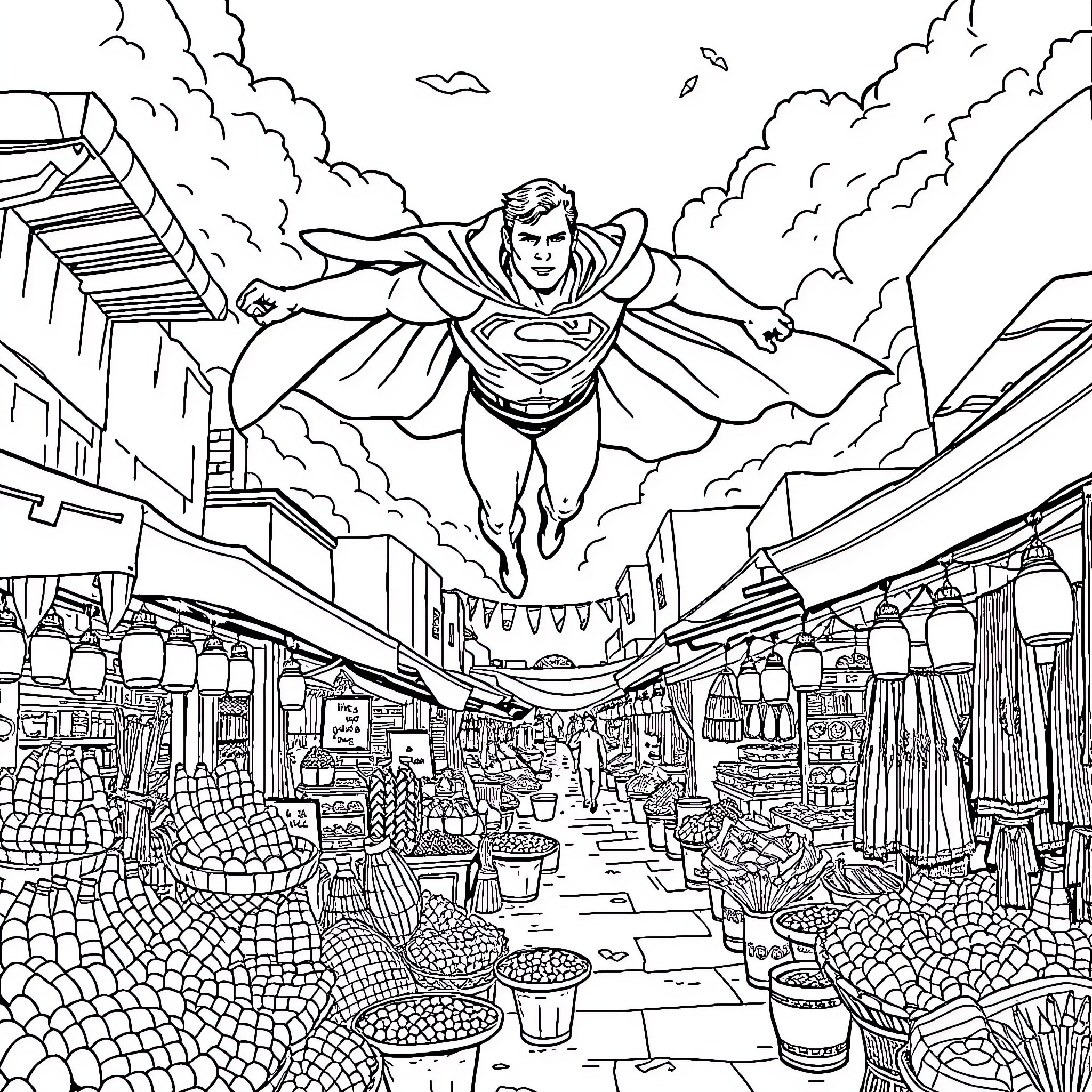 Superman soaring above the bustling city market Coloring Page (free black-and-white line drawing printable PDF for all, from beginners to advanced learners, including children, teens, adults, and seniors)