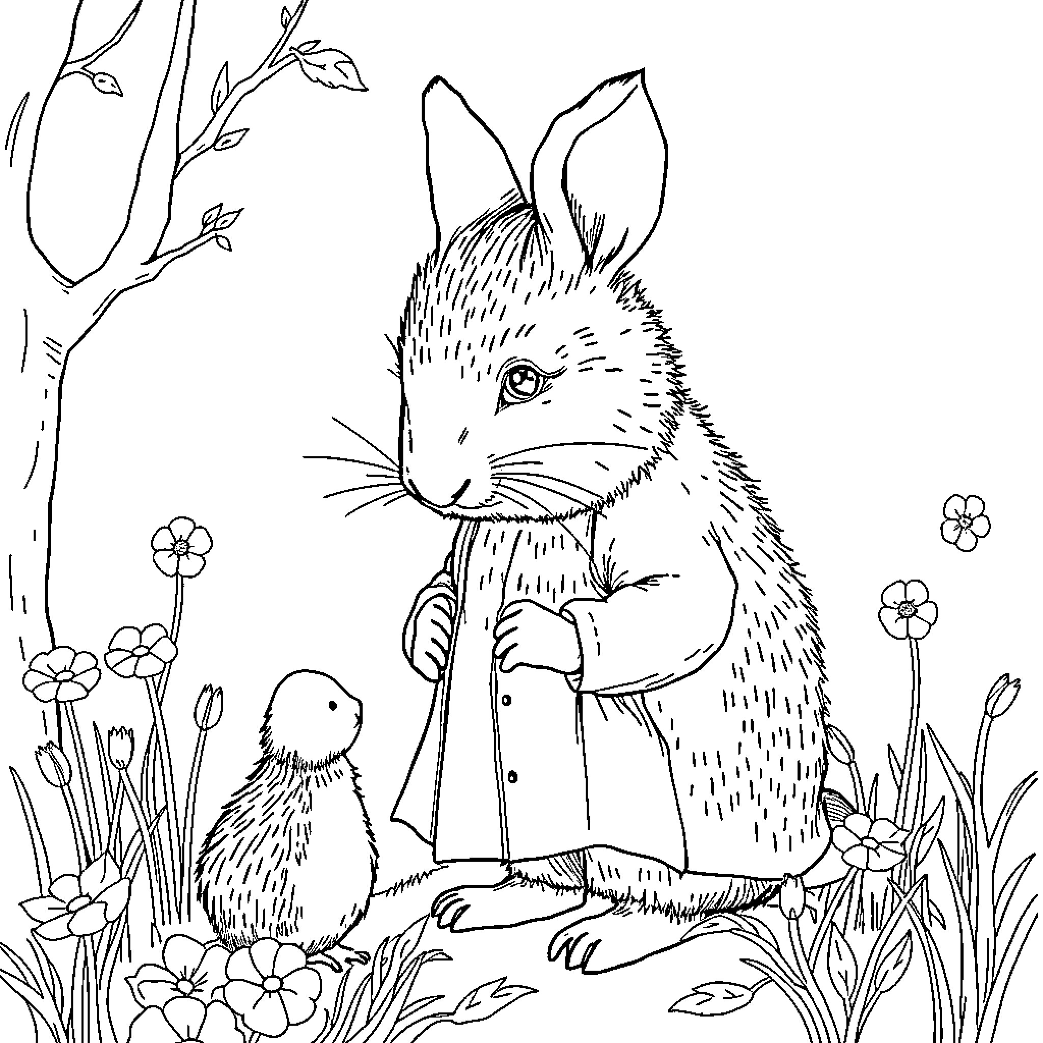 Beatrix Potter's whimsical animal characters in nature Coloring Page (free black-and-white line drawing printable PDF for all, from beginners to advanced learners, including children, teens, adults, and seniors)