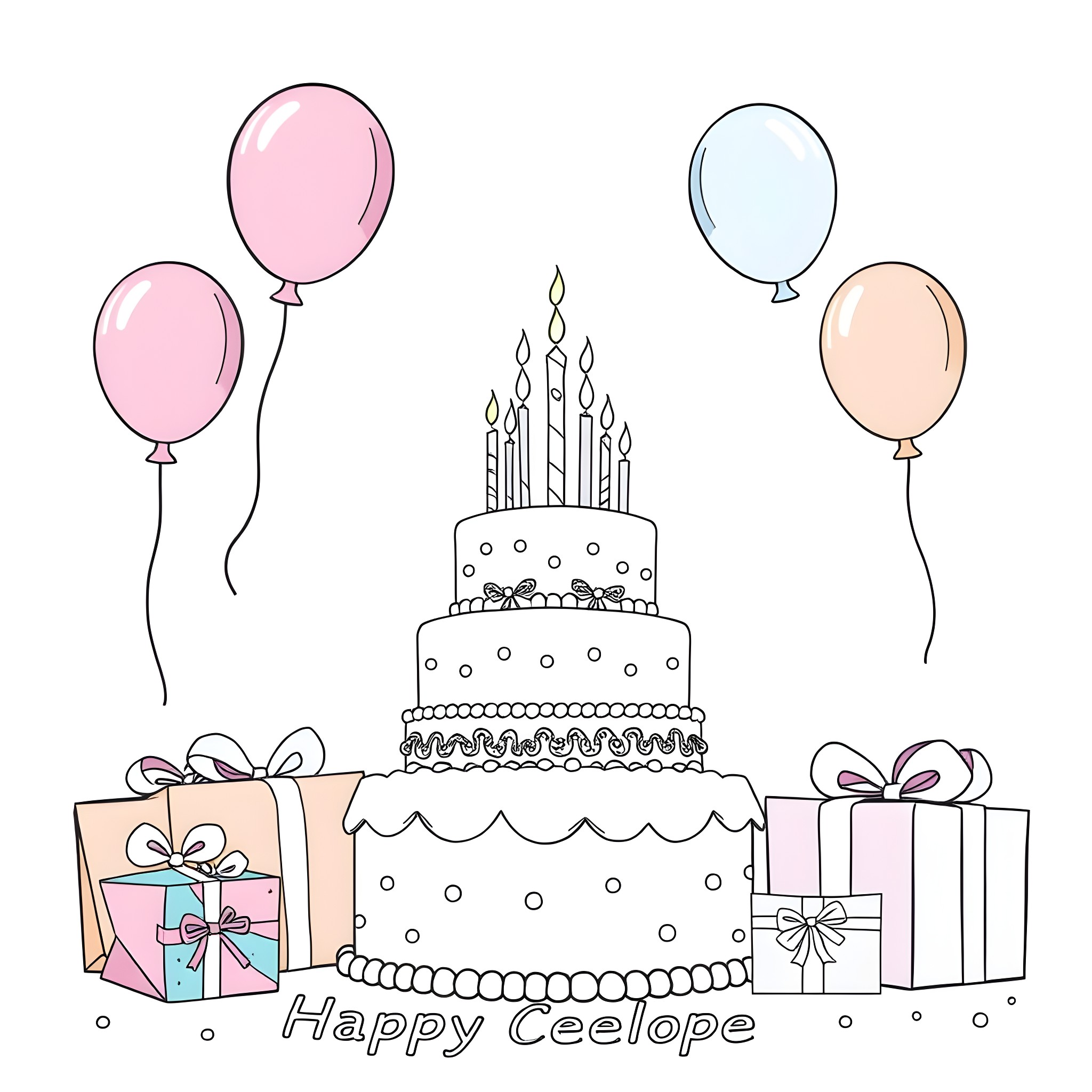 Birthday celebration with cake, gifts, and balloons Coloring Page (free black-and-white line drawing printable PDF for all, from beginners to advanced learners, including children, teens, adults, and seniors)