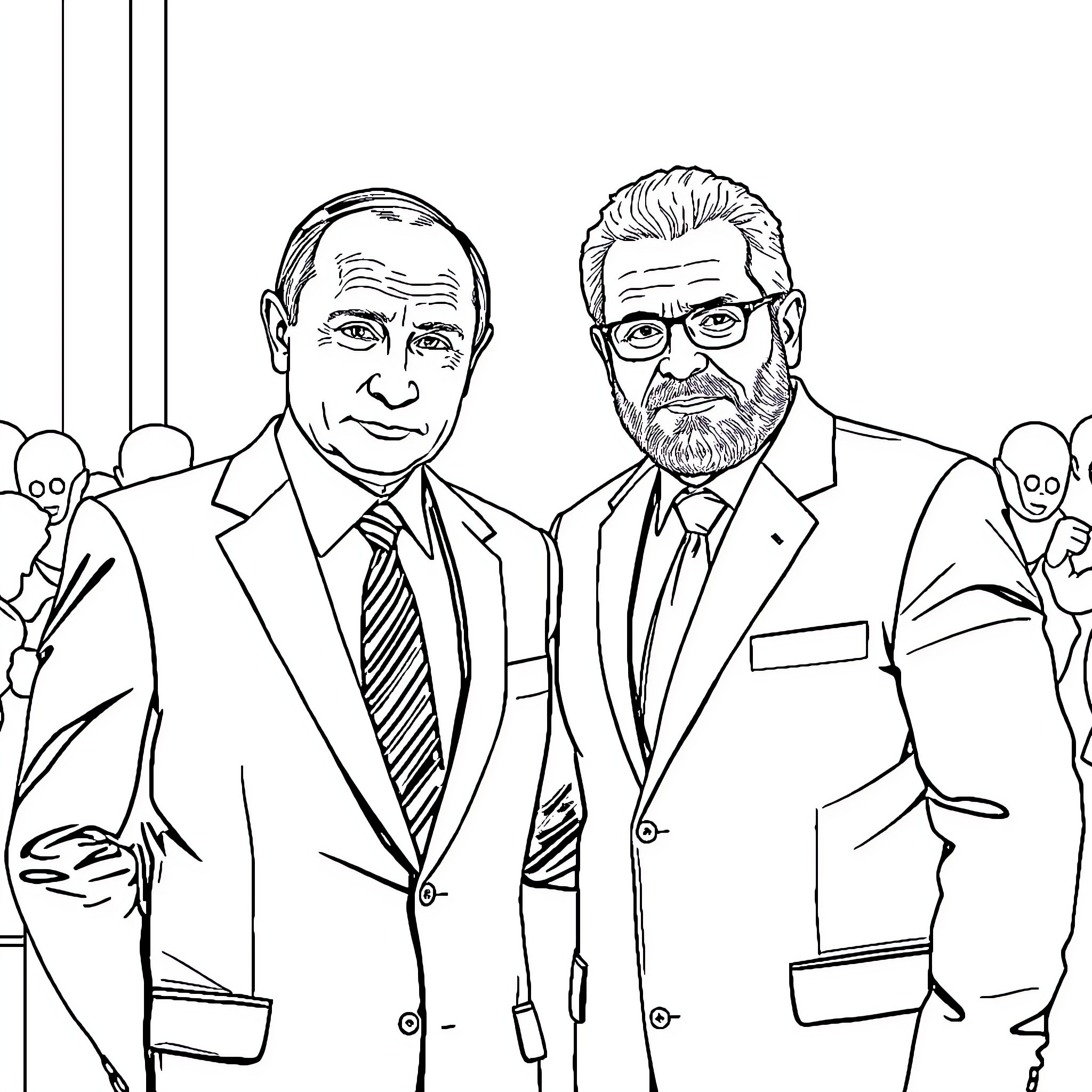 Vladimir Putin and Colleague in Formal Attire Coloring Page (free black-and-white line drawing printable PDF for all, from beginners to advanced learners, including children, teens, adults, and seniors)