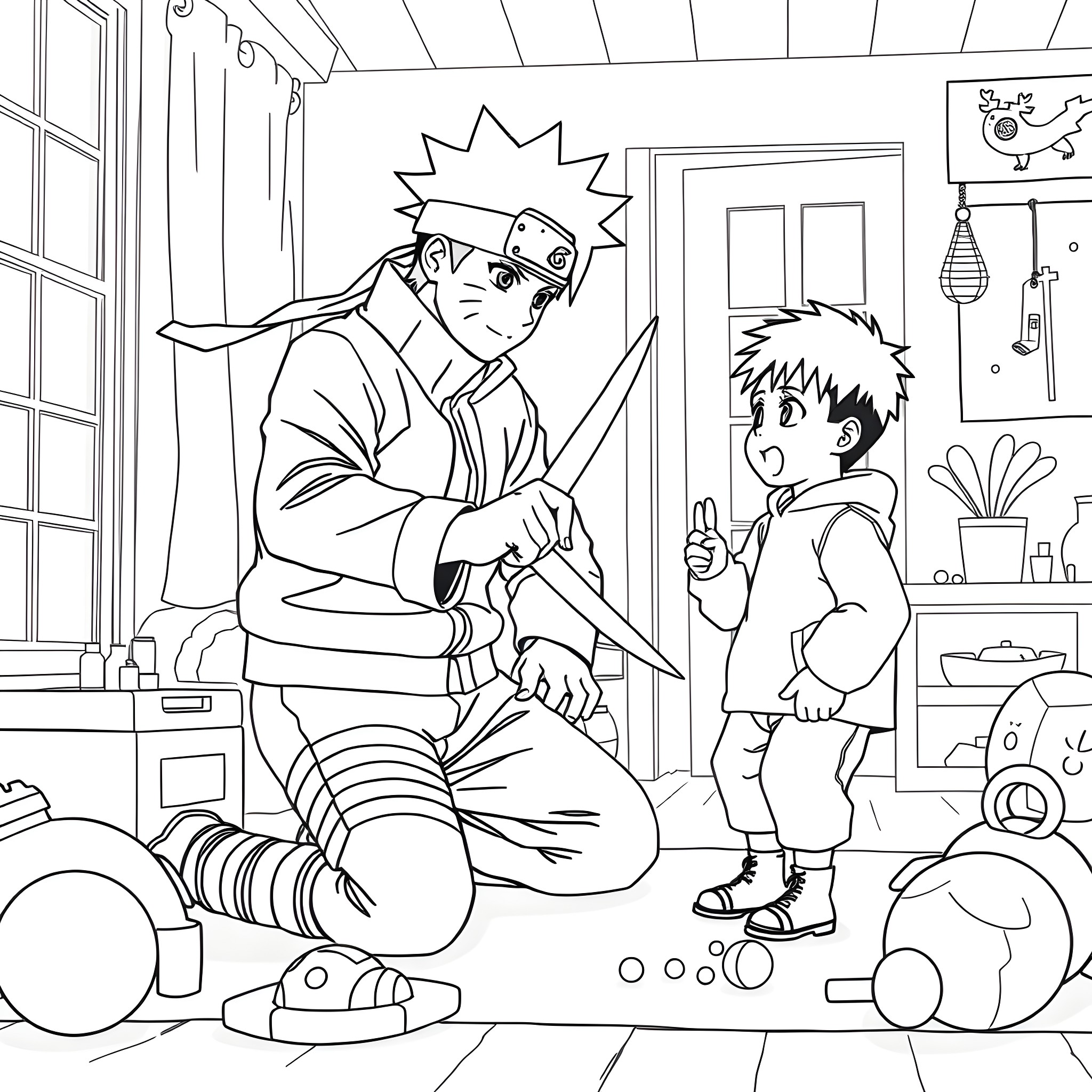 Naruto teaching a young student in a room full of toys Coloring Page (free black-and-white line drawing printable PDF for all, from beginners to advanced learners, including children, teens, adults, and seniors)
