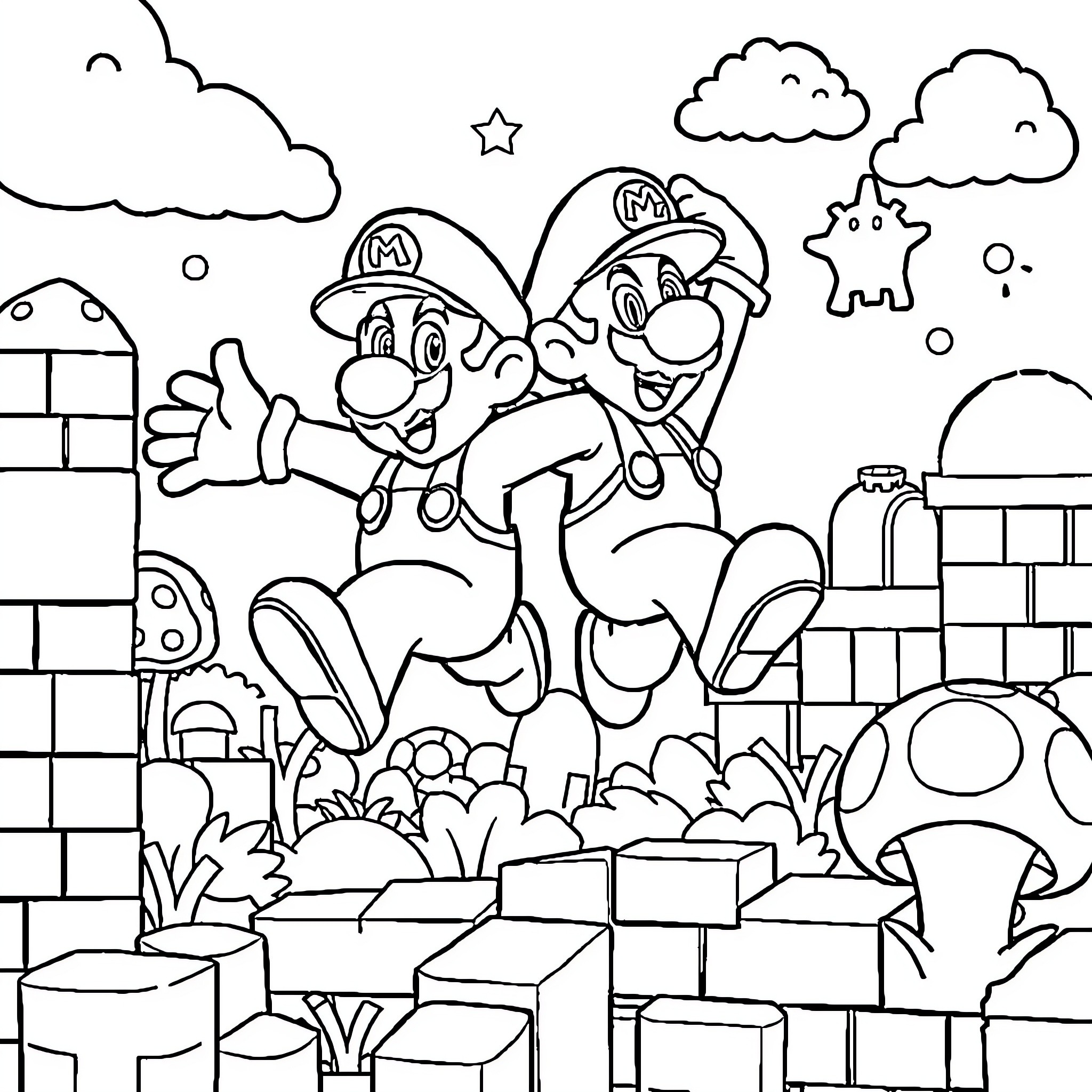 Mario's Playful Adventure in the Mushroom Kingdom Coloring Page (free black-and-white line drawing printable PDF for all, from beginners to advanced learners, including children, teens, adults, and seniors)