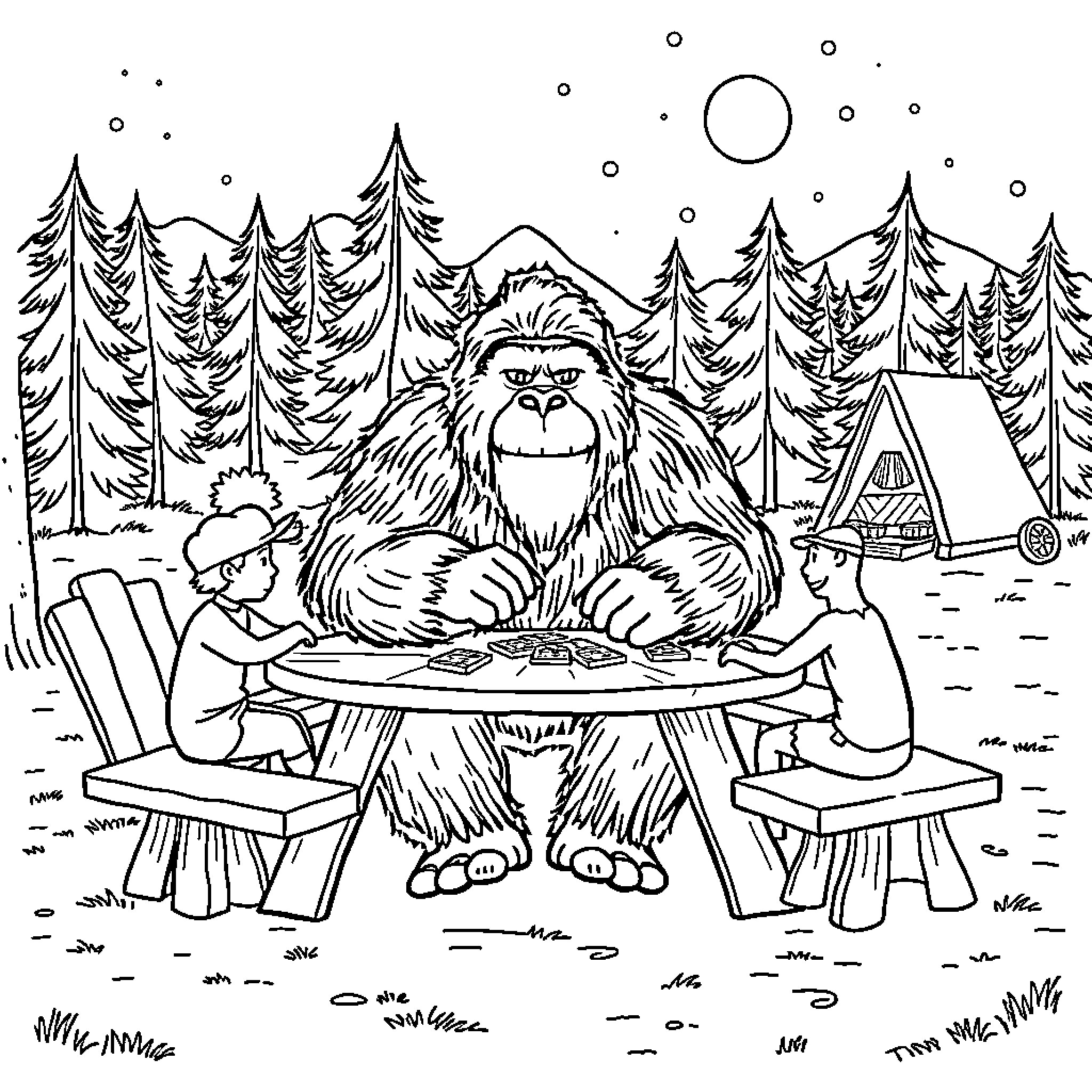 Bigfoot having a campfire with hikers in the forest Coloring Page (free black-and-white line drawing printable PDF for all, from beginners to advanced learners, including children, teens, adults, and seniors)