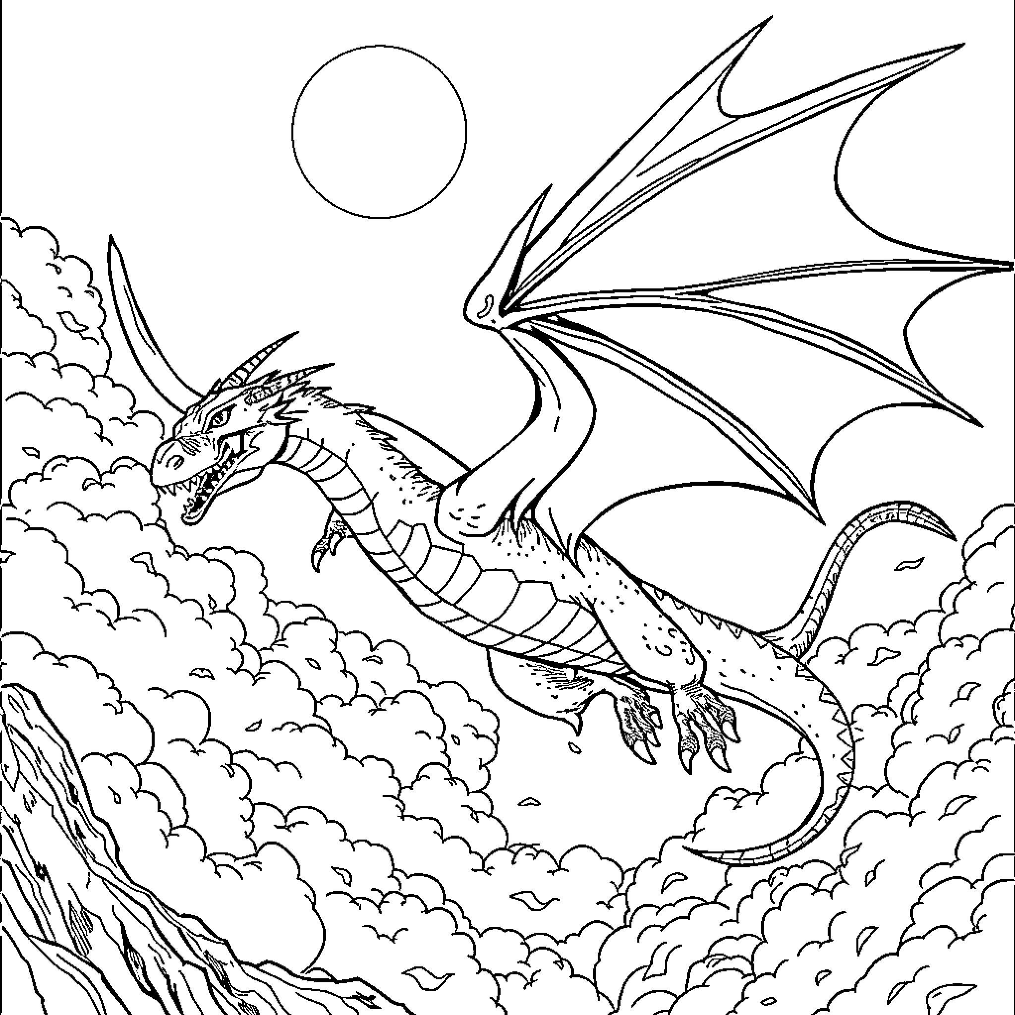 Dragon soaring through the cloudy skies Coloring Page (free black-and-white line drawing printable PDF for all, from beginners to advanced learners, including children, teens, adults, and seniors)
