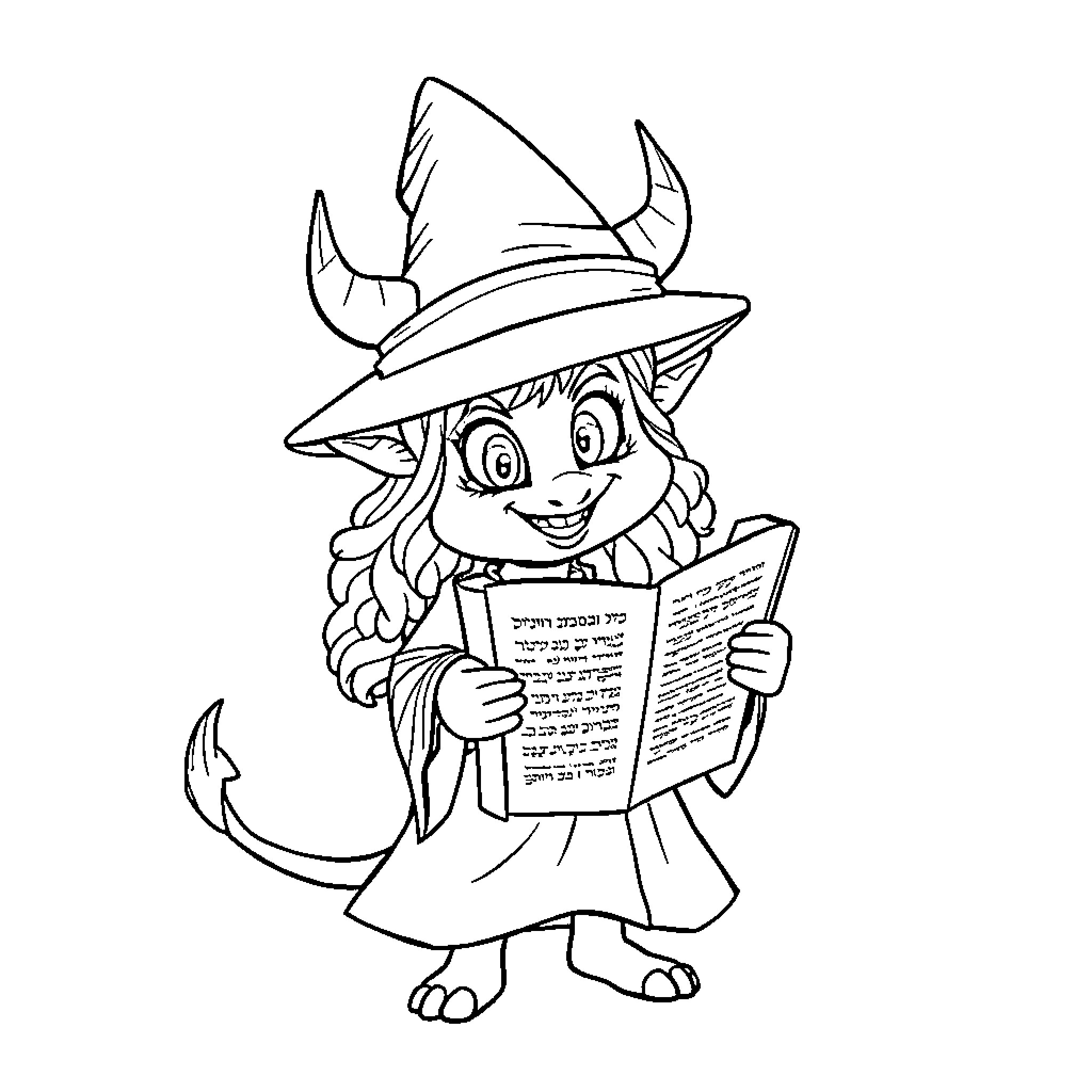 Kuromi reading a magical book with delight Coloring Page (free black-and-white line drawing printable PDF for all, from beginners to advanced learners, including children, teens, adults, and seniors)