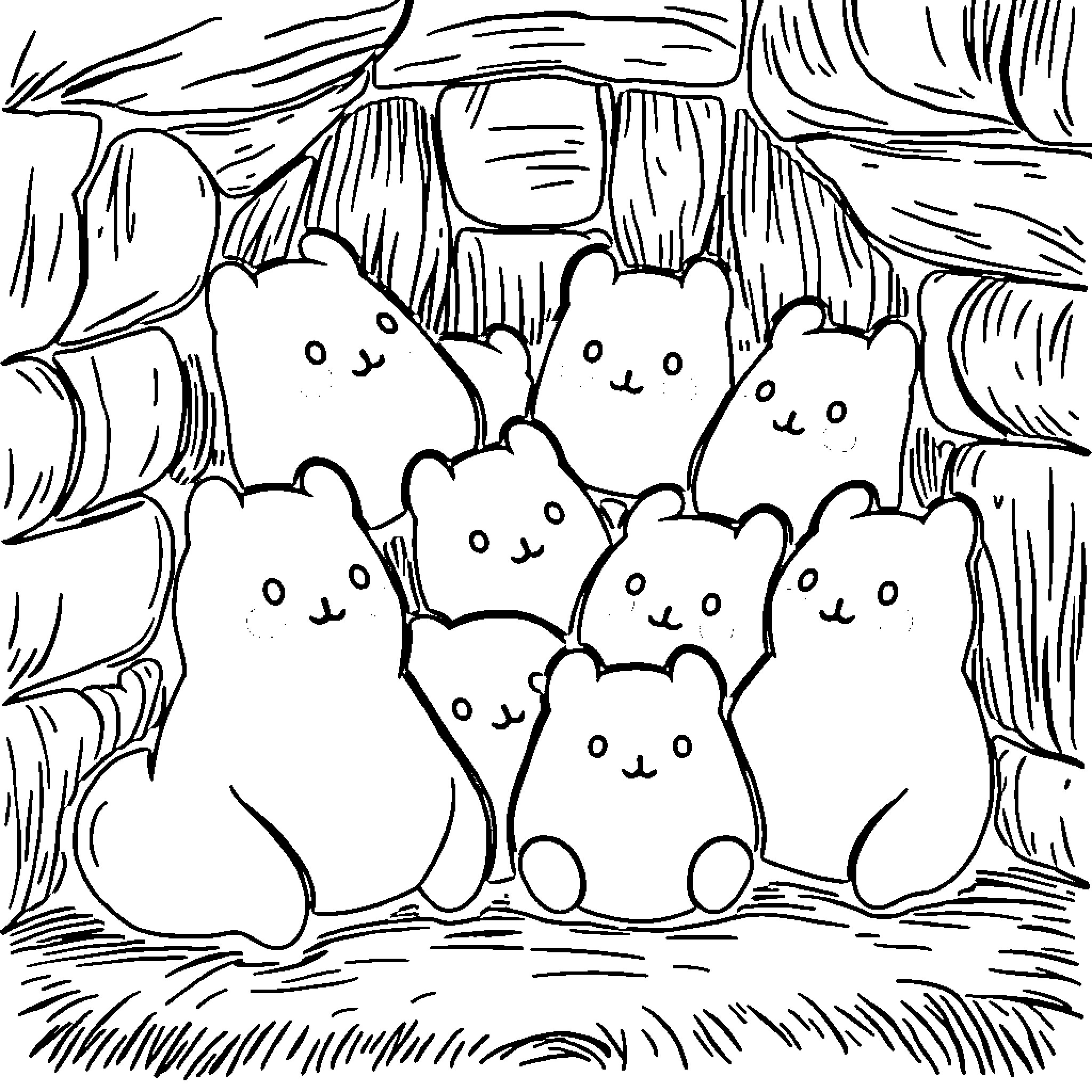 Squishmallow creatures gathering in a forest Coloring Page (free black-and-white line drawing printable PDF for all, from beginners to advanced learners, including children, teens, adults, and seniors)