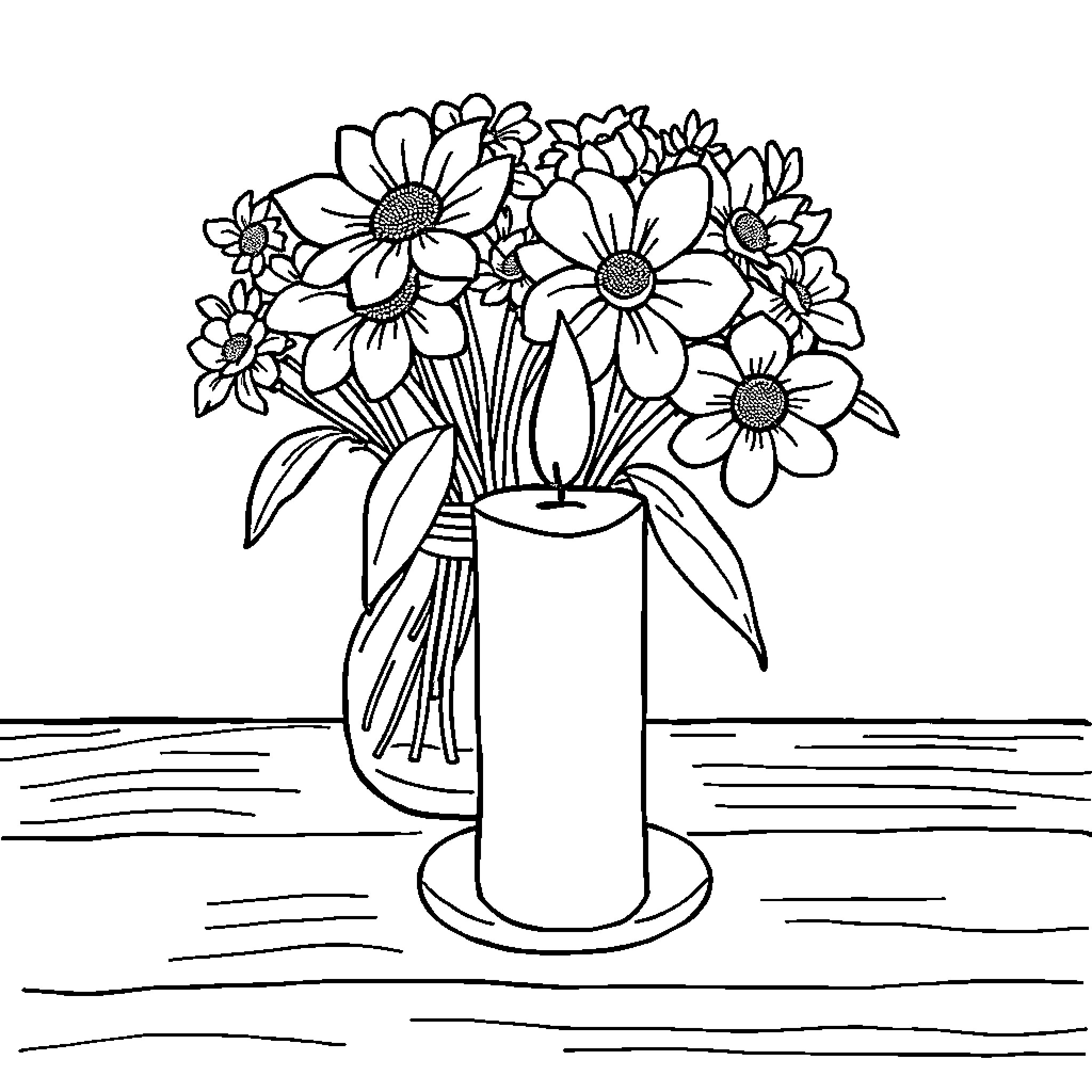 Candle-lit floral arrangement on a table Coloring Page (free black-and-white line drawing printable PDF for all, from beginners to advanced learners, including children, teens, adults, and seniors)