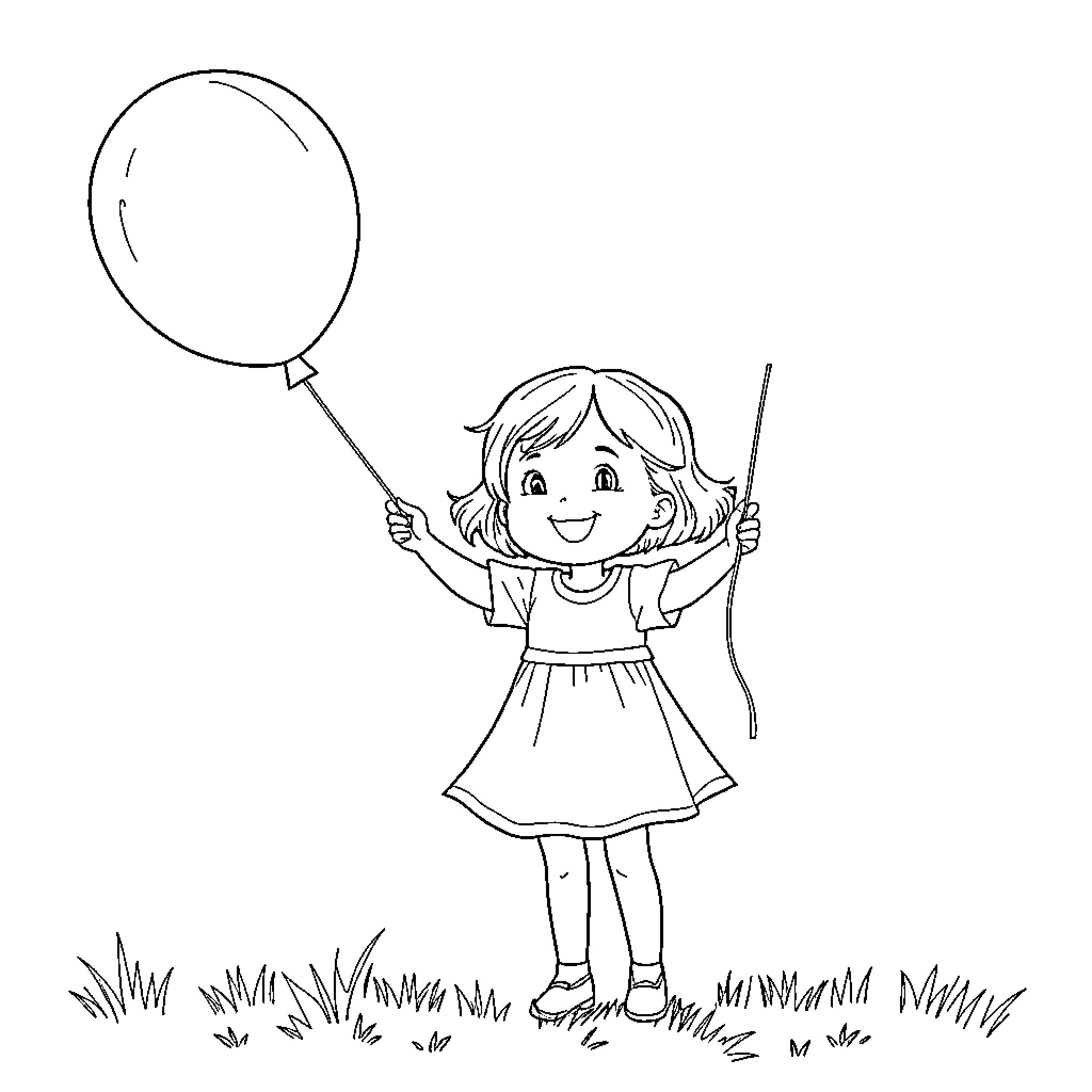 Girl playing happily with balloon on grass Coloring Page (free black-and-white line drawing printable PDF for all, from beginners to advanced learners, including children, teens, adults, and seniors)