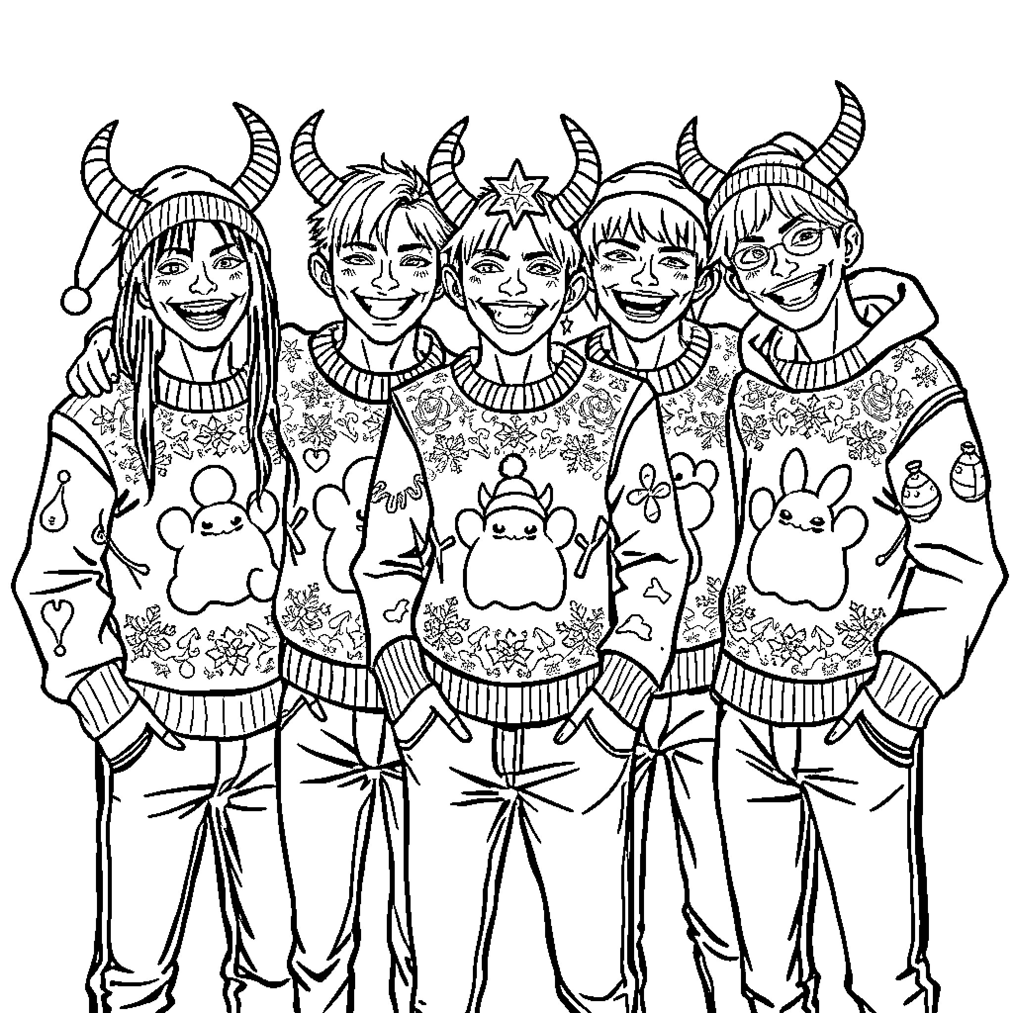 Demon Hunters in Festive Attire Coloring Page (free black-and-white line drawing printable PDF for all, from beginners to advanced learners, including children, teens, adults, and seniors)