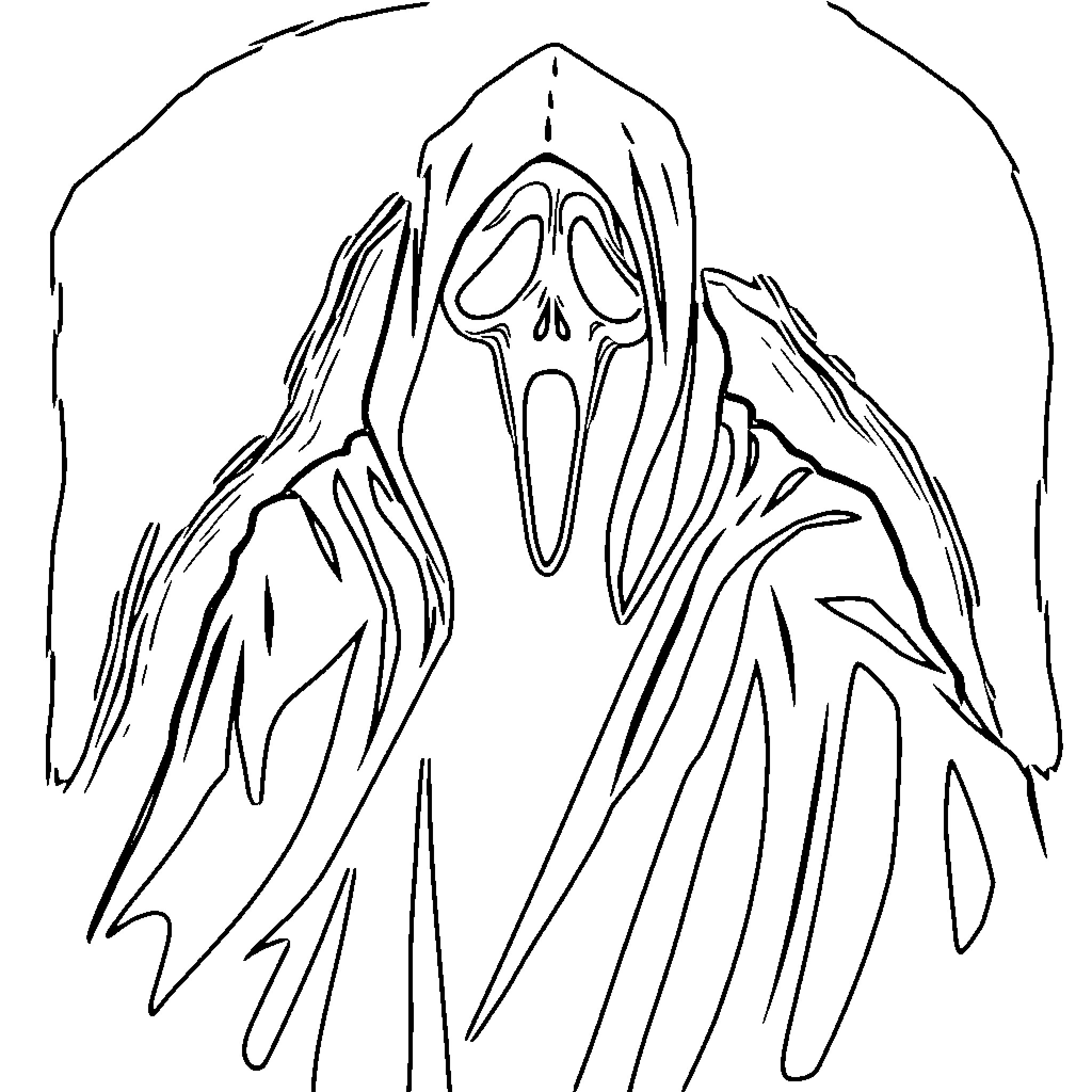 Ghostface character with dramatic expression Coloring Page (free black-and-white line drawing printable PDF for all, from beginners to advanced learners, including children, teens, adults, and seniors)