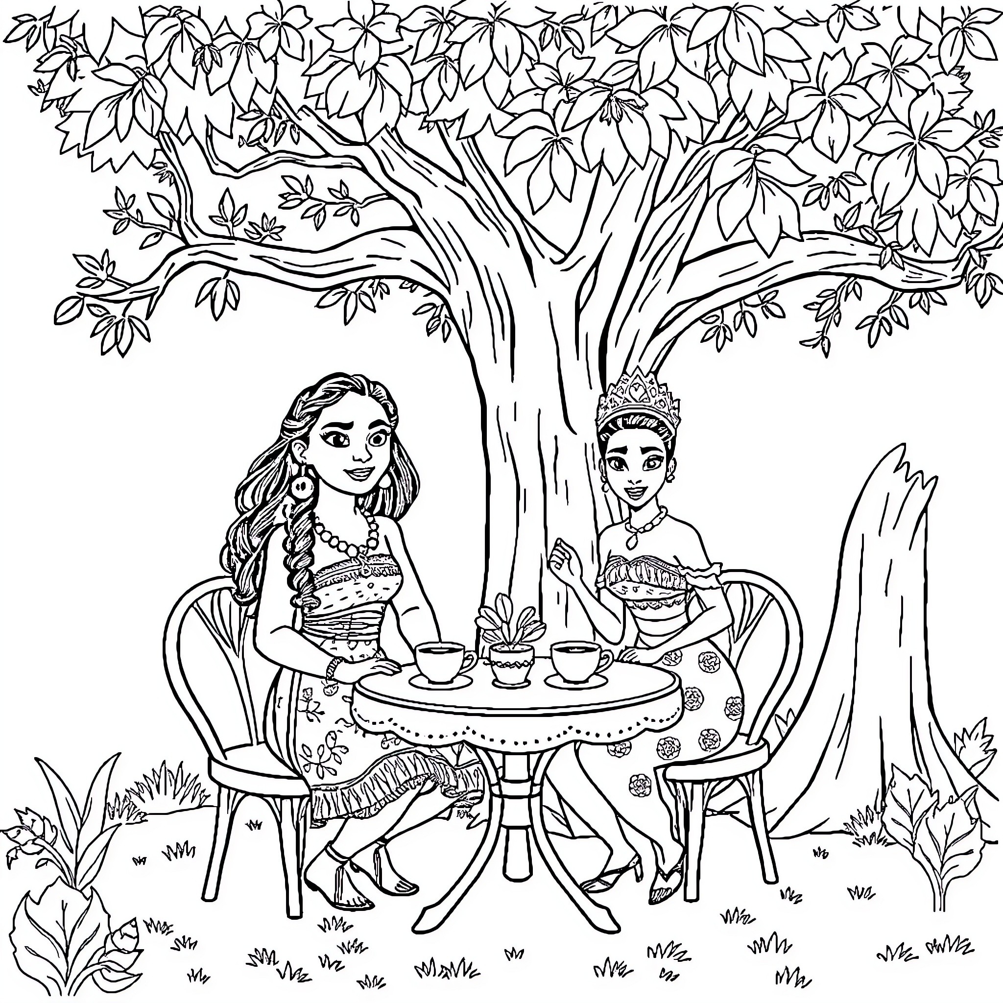 Moana having tea with a friend under a tree Coloring Page (free black-and-white line drawing printable PDF for all, from beginners to advanced learners, including children, teens, adults, and seniors)