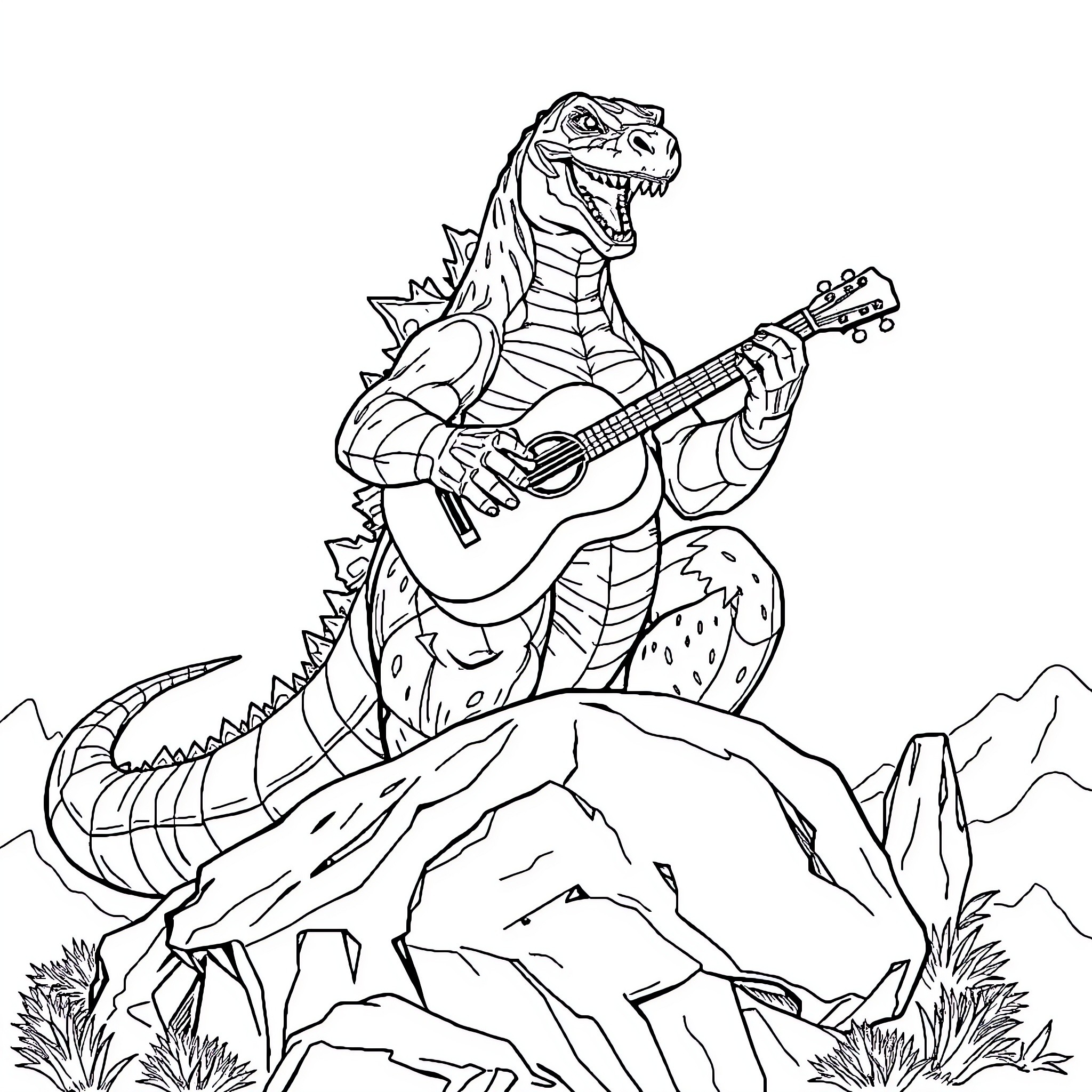 Godzilla playing guitar on rocky mountain Coloring Page (free black-and-white line drawing printable PDF for all, from beginners to advanced learners, including children, teens, adults, and seniors)