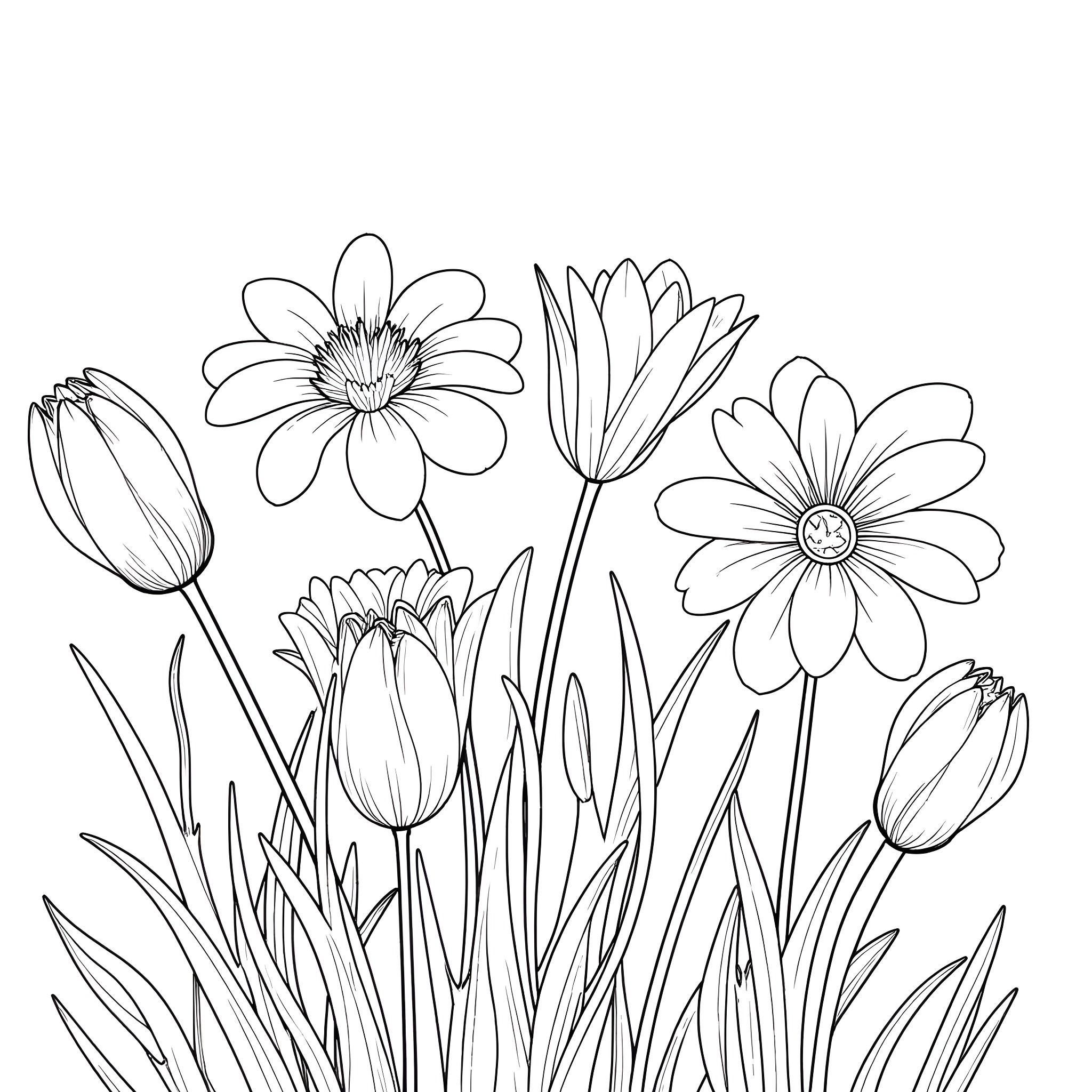 Flower garden with blooming flowers Coloring Page (free black-and-white line drawing printable PDF for all, from beginners to advanced learners, including children, teens, adults, and seniors)