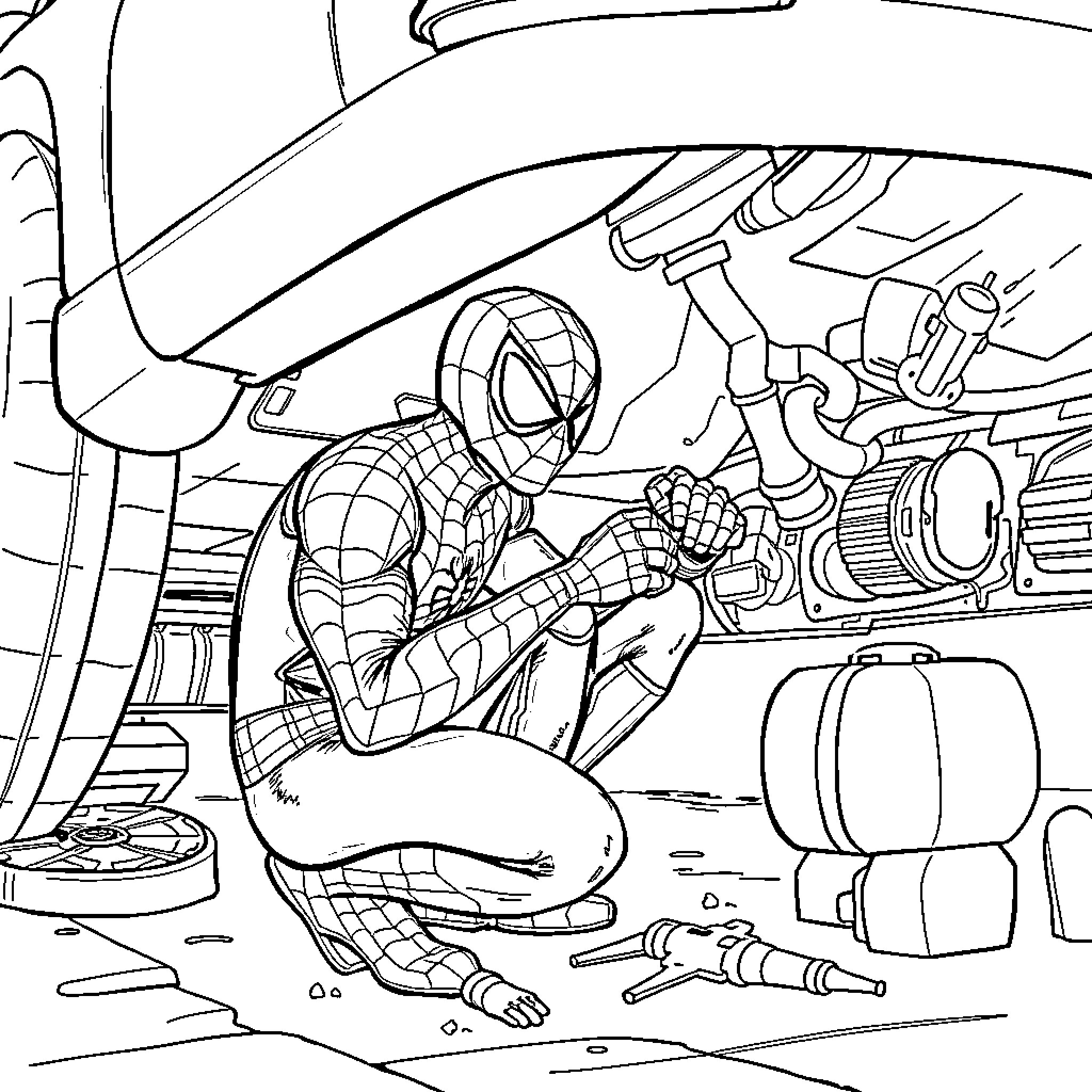 Spiderman repairing a car in the workshop Coloring Page (free black-and-white line drawing printable PDF for all, from beginners to advanced learners, including children, teens, adults, and seniors)