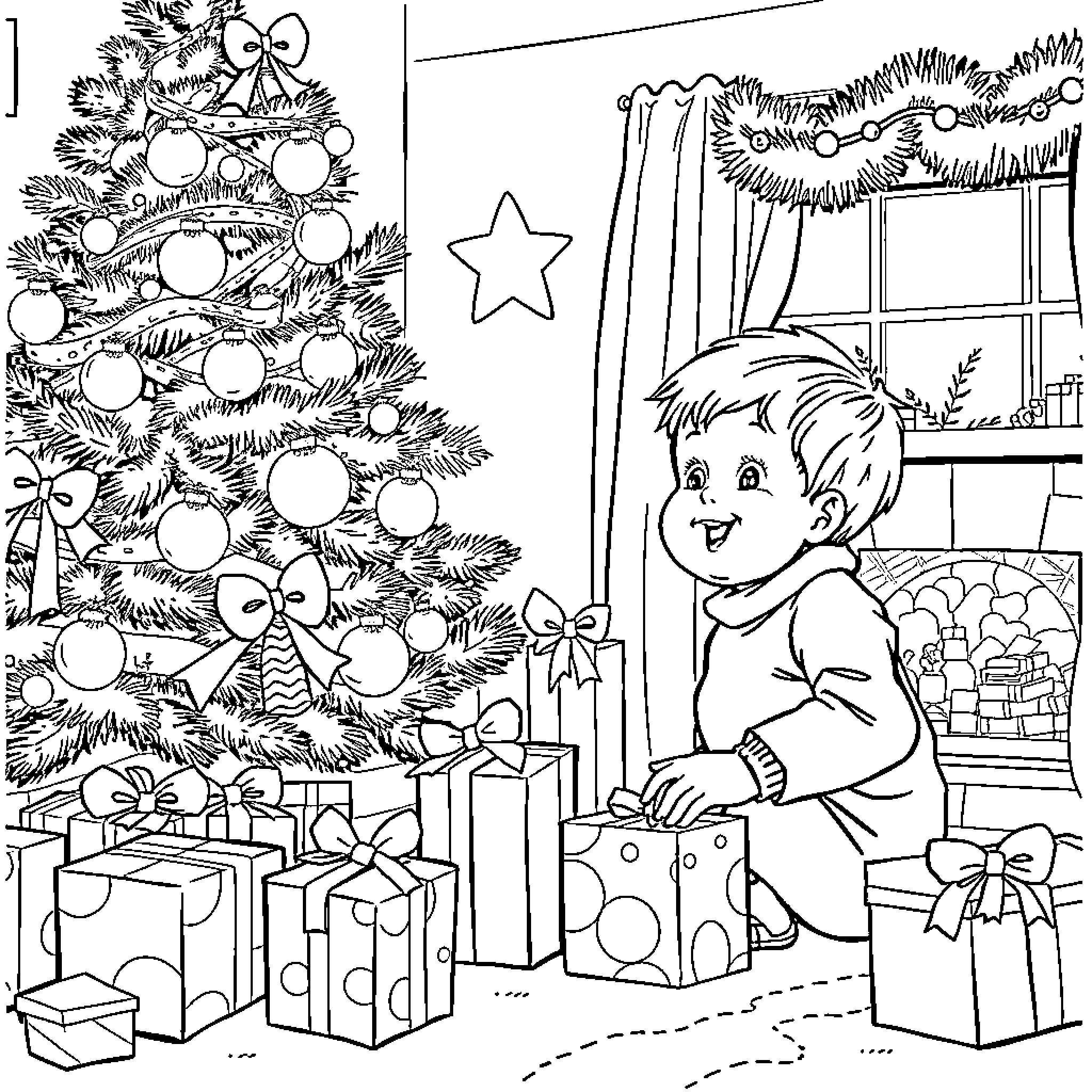 Child enjoying Christmas holiday with decorated tree Coloring Page (free black-and-white line drawing printable PDF for all, from beginners to advanced learners, including children, teens, adults, and seniors)