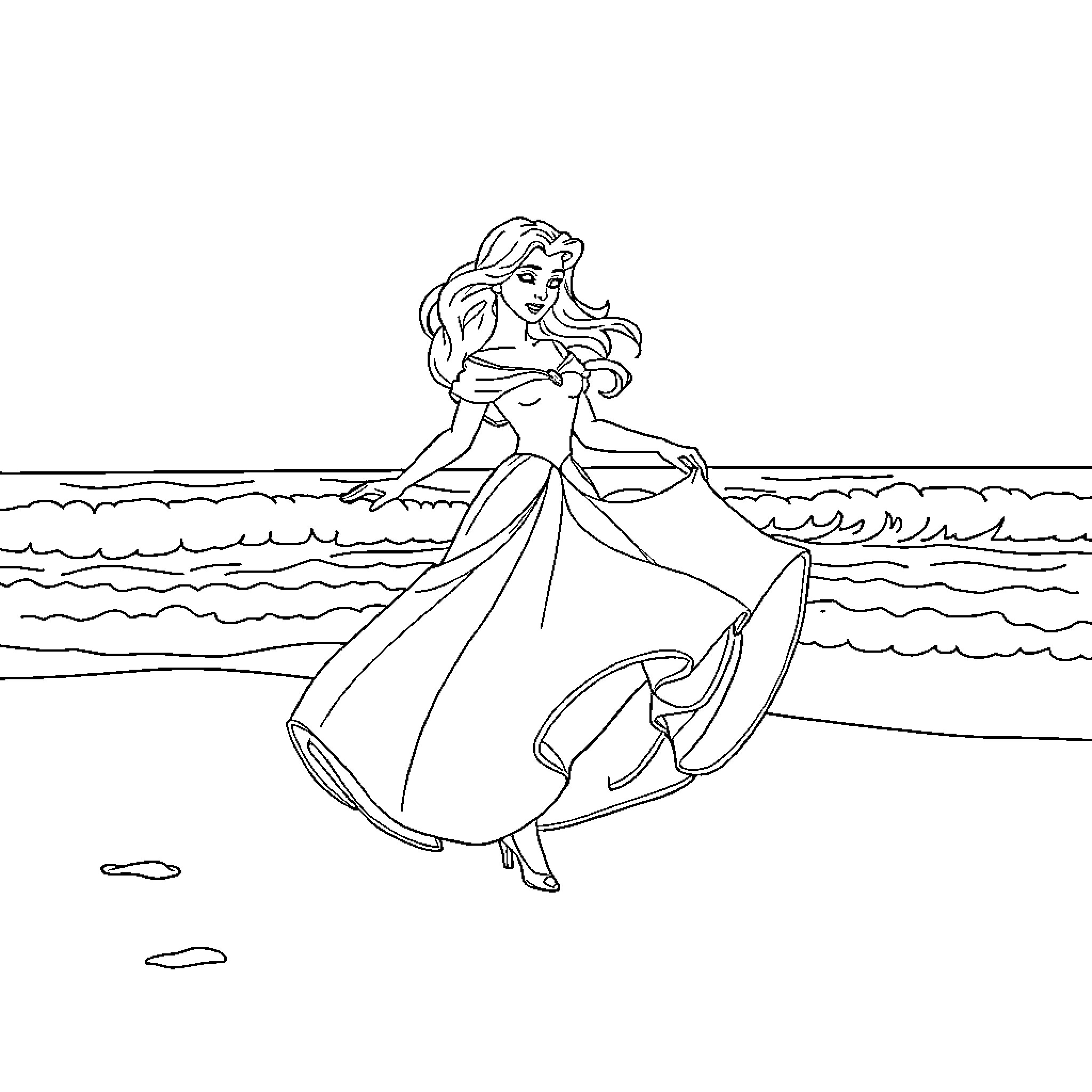 Beauty Dancing by the Seashore Coloring Page (free black-and-white line drawing printable PDF for all, from beginners to advanced learners, including children, teens, adults, and seniors)
