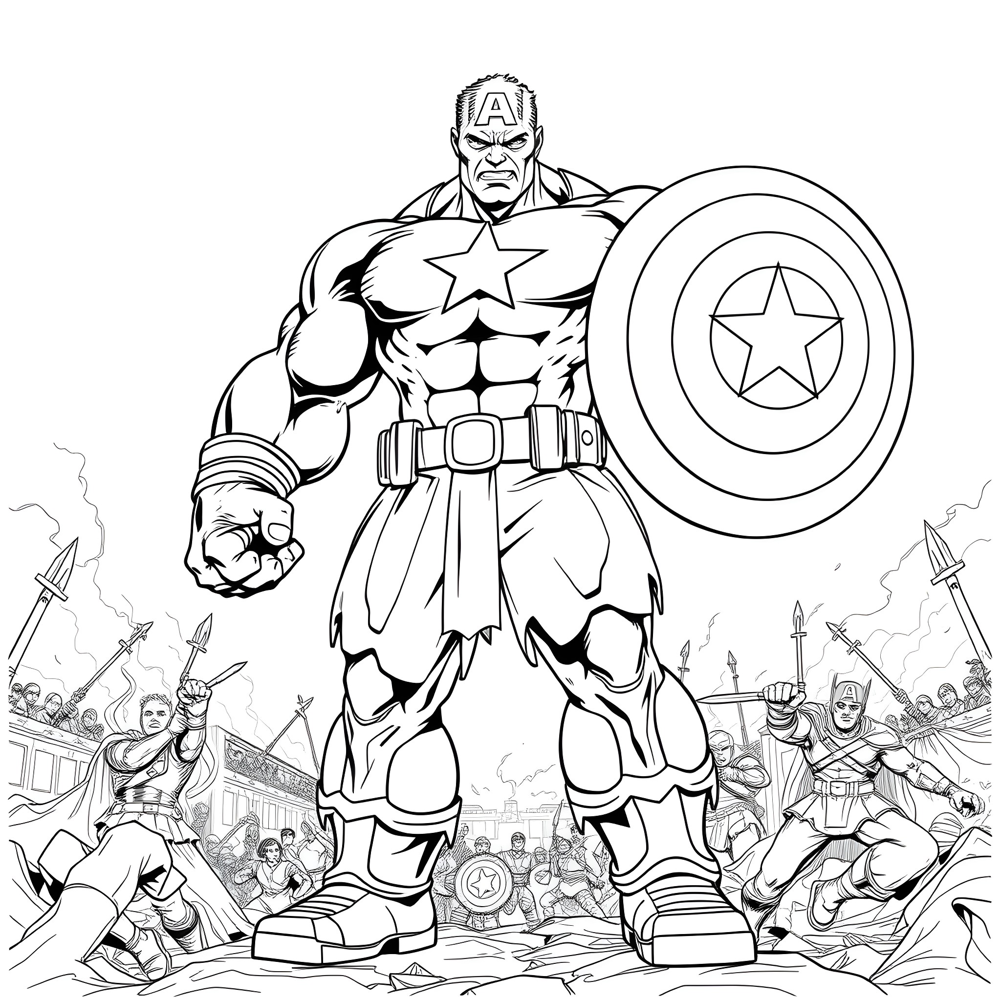 Hulk Captain America Leading Heroic Fight Against Enemies Coloring Page (free black-and-white line drawing printable PDF for all, from beginners to advanced learners, including children, teens, adults, and seniors)