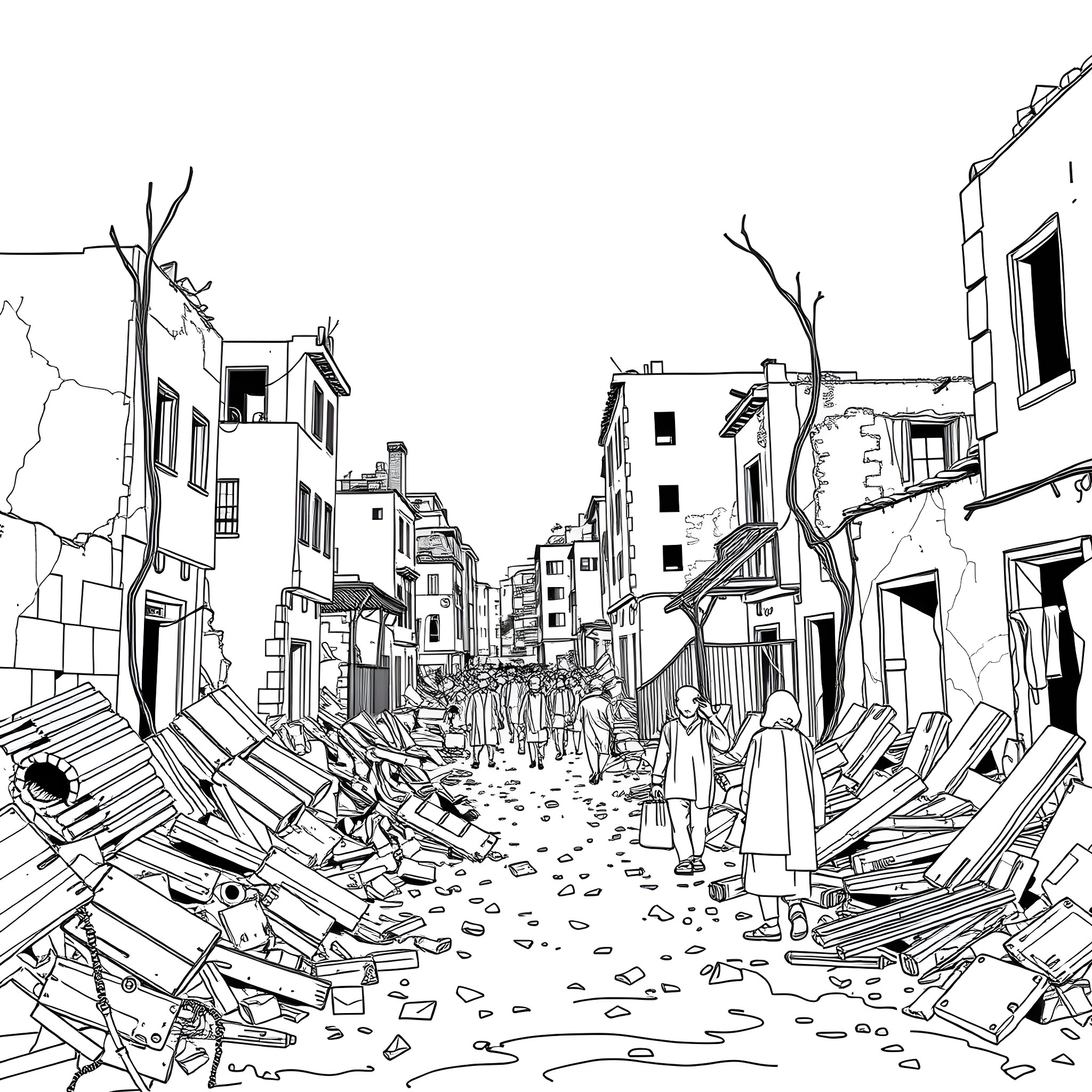 Israel's Urban Landscape: Debris, Destruction, and Resilience Coloring Page (free black-and-white line drawing printable PDF for all, from beginners to advanced learners, including children, teens, adults, and seniors)