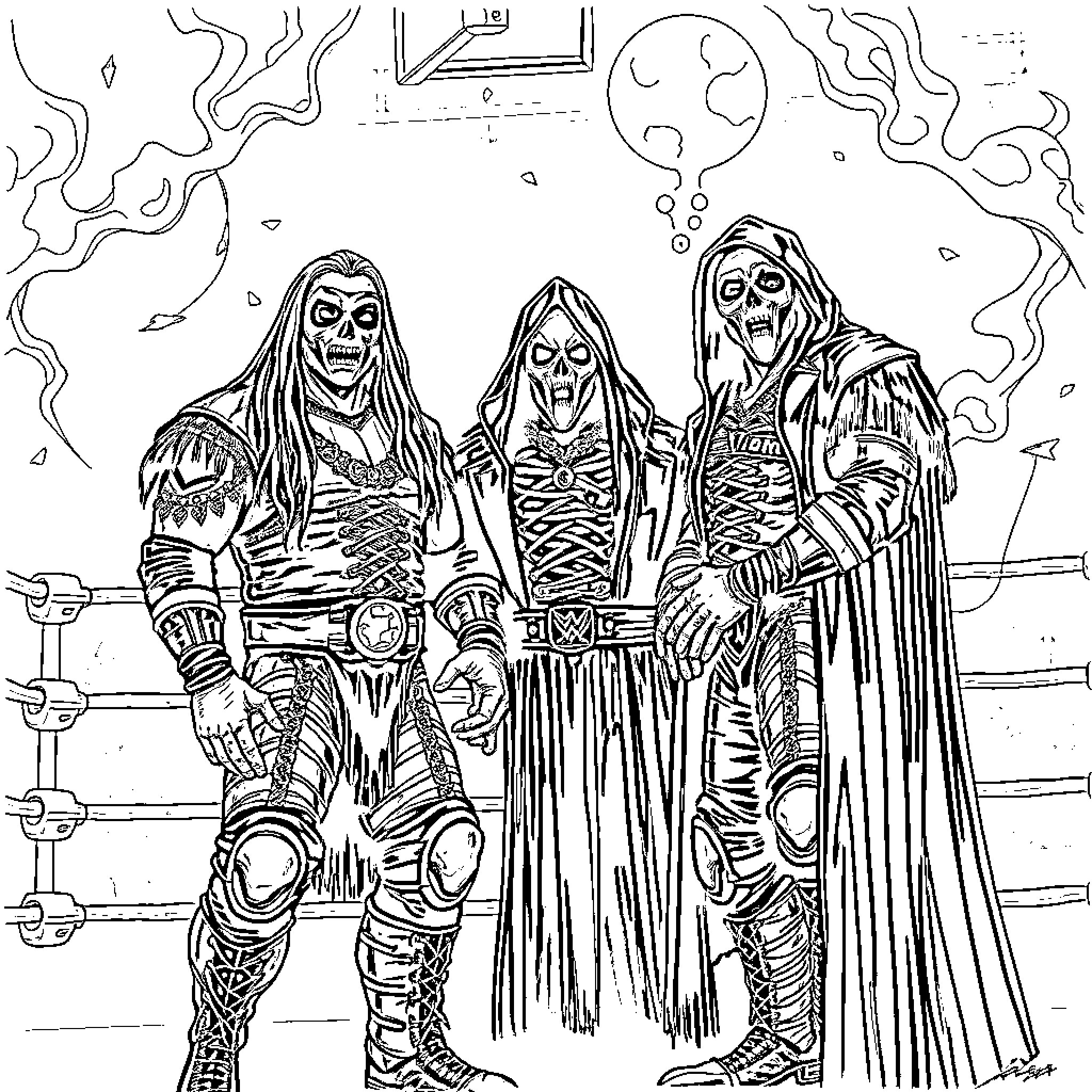 Decay of Ghastly Figures in Dark Realm Coloring Page (free black-and-white line drawing printable PDF for all, from beginners to advanced learners, including children, teens, adults, and seniors)
