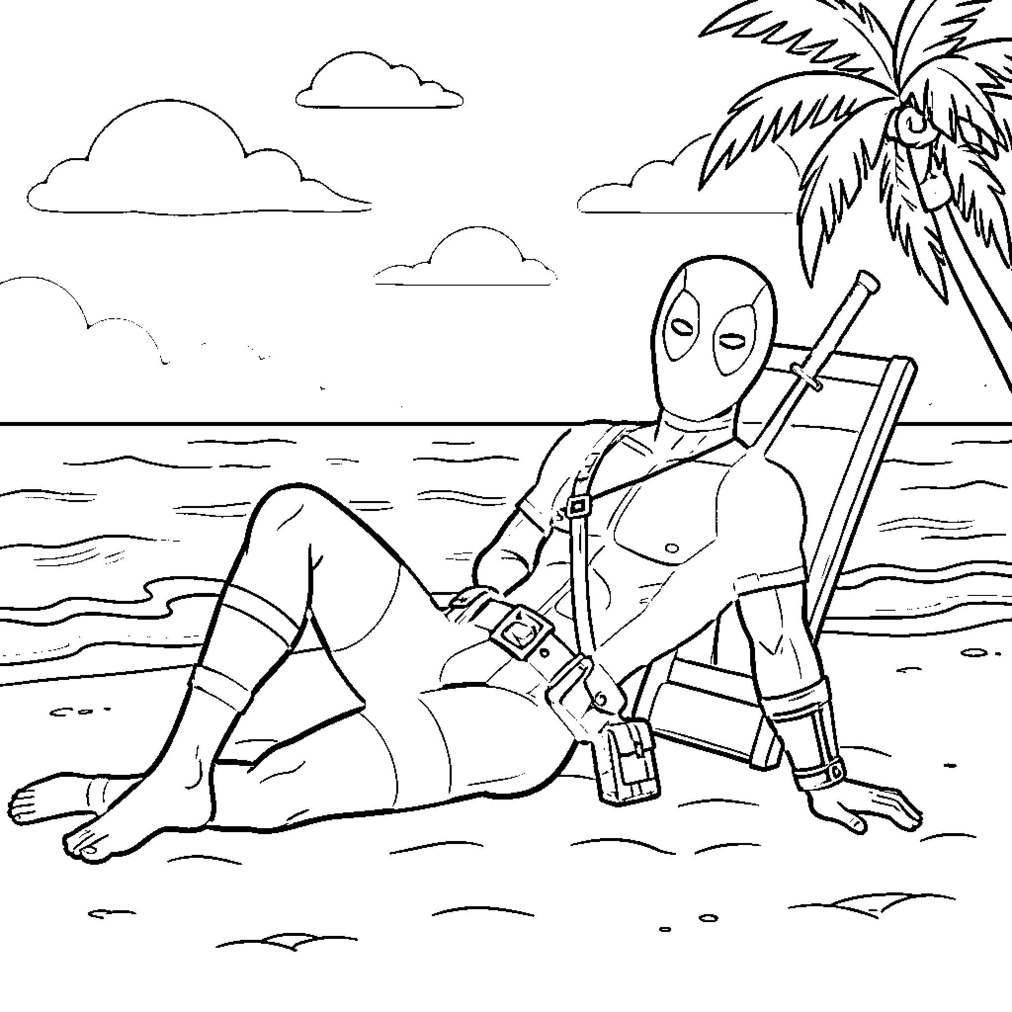 Deadpool relaxing on the beach Coloring Page (free black-and-white line drawing printable PDF for all, from beginners to advanced learners, including children, teens, adults, and seniors)