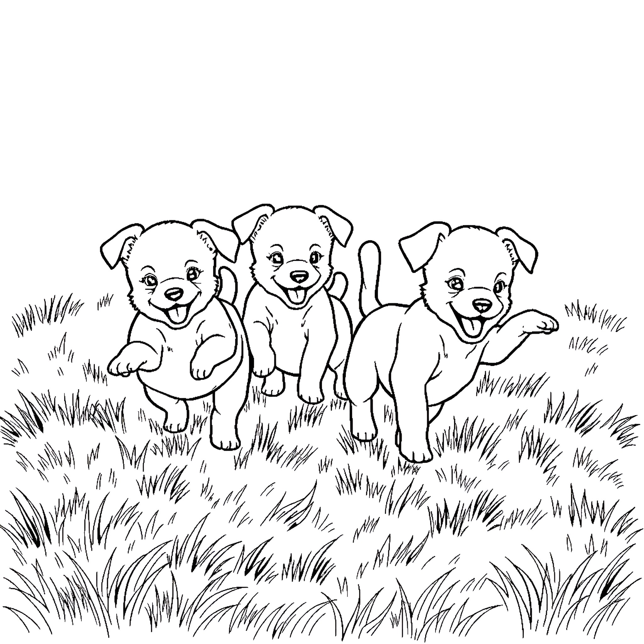 Puppy Pals Frolicking in the Meadow Coloring Page (free black-and-white line drawing printable PDF for all, from beginners to advanced learners, including children, teens, adults, and seniors)