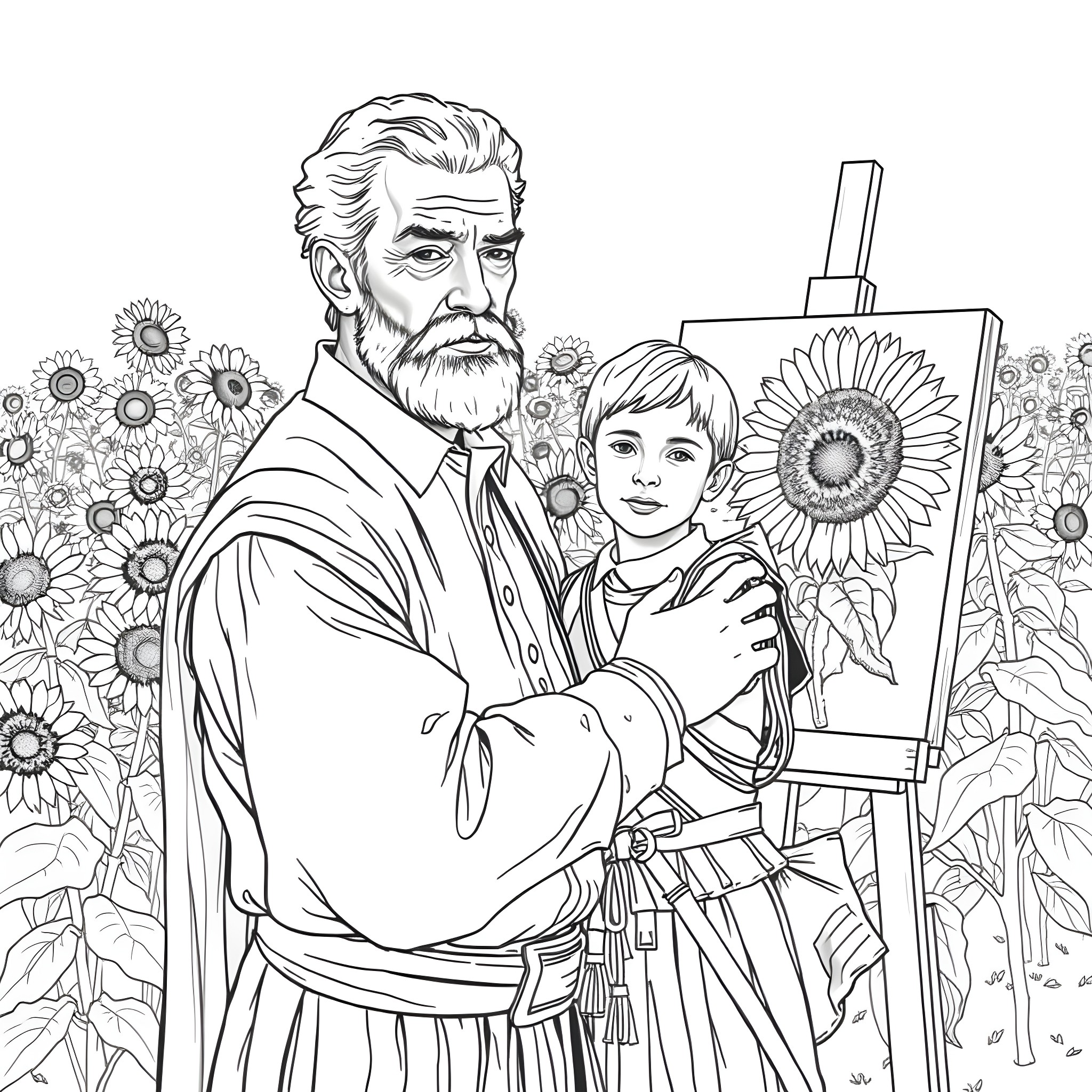 Van Gogh painting with a young boy in a sunflower field Coloring Page (free black-and-white line drawing printable PDF for all, from beginners to advanced learners, including children, teens, adults, and seniors)