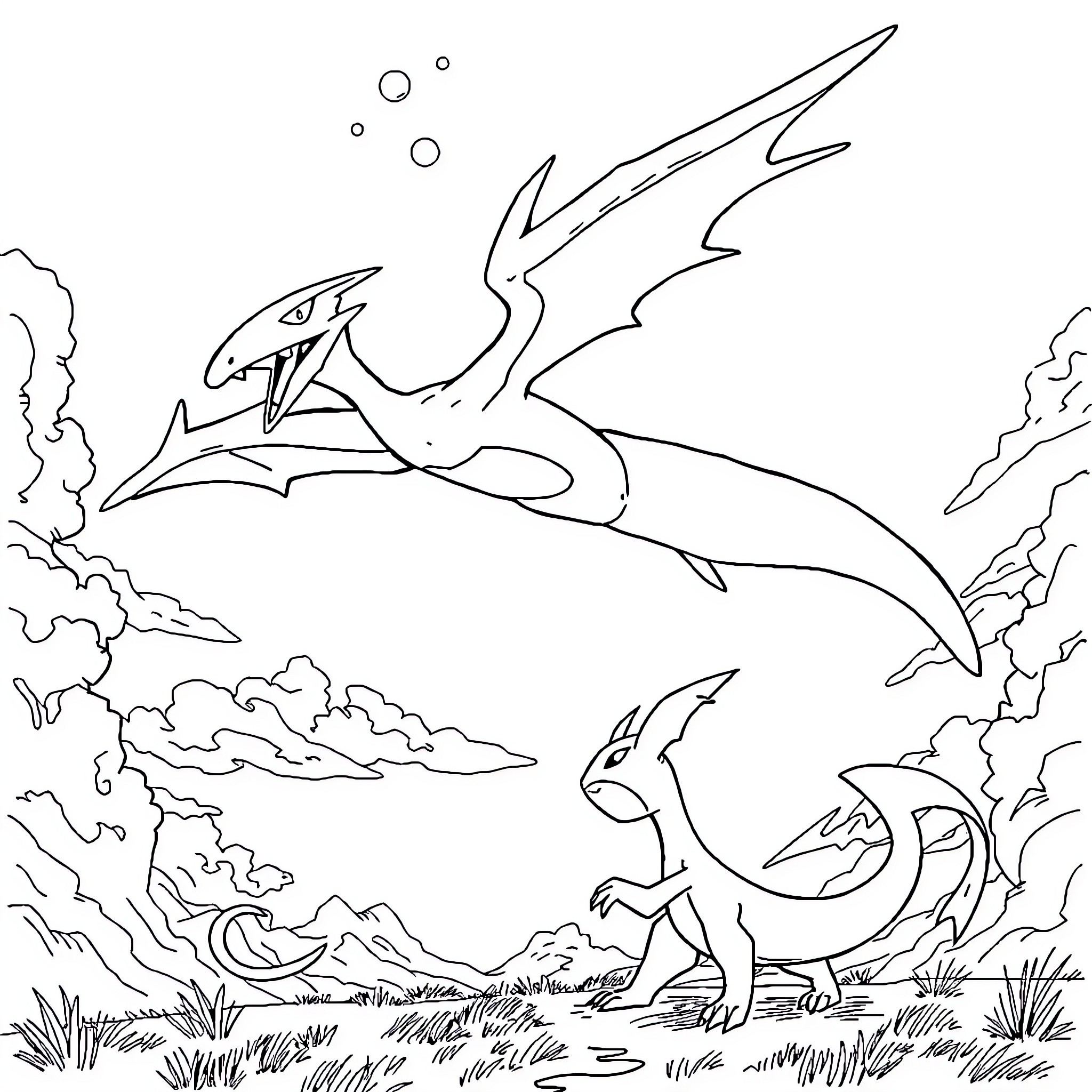 Rayquaza battling against a fierce dragon in the clouds Coloring Page (free black-and-white line drawing printable PDF for all, from beginners to advanced learners, including children, teens, adults, and seniors)