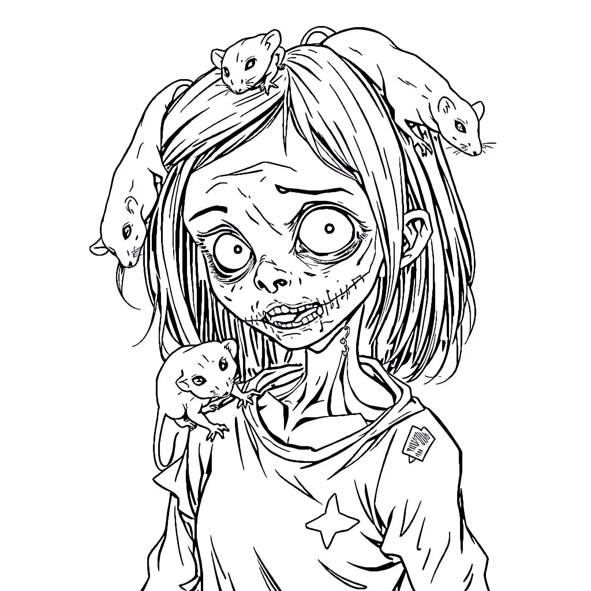 Zombie girl with cute animals Coloring Page (free black-and-white line drawing printable PDF for all, from beginners to advanced learners, including children, teens, adults, and seniors)