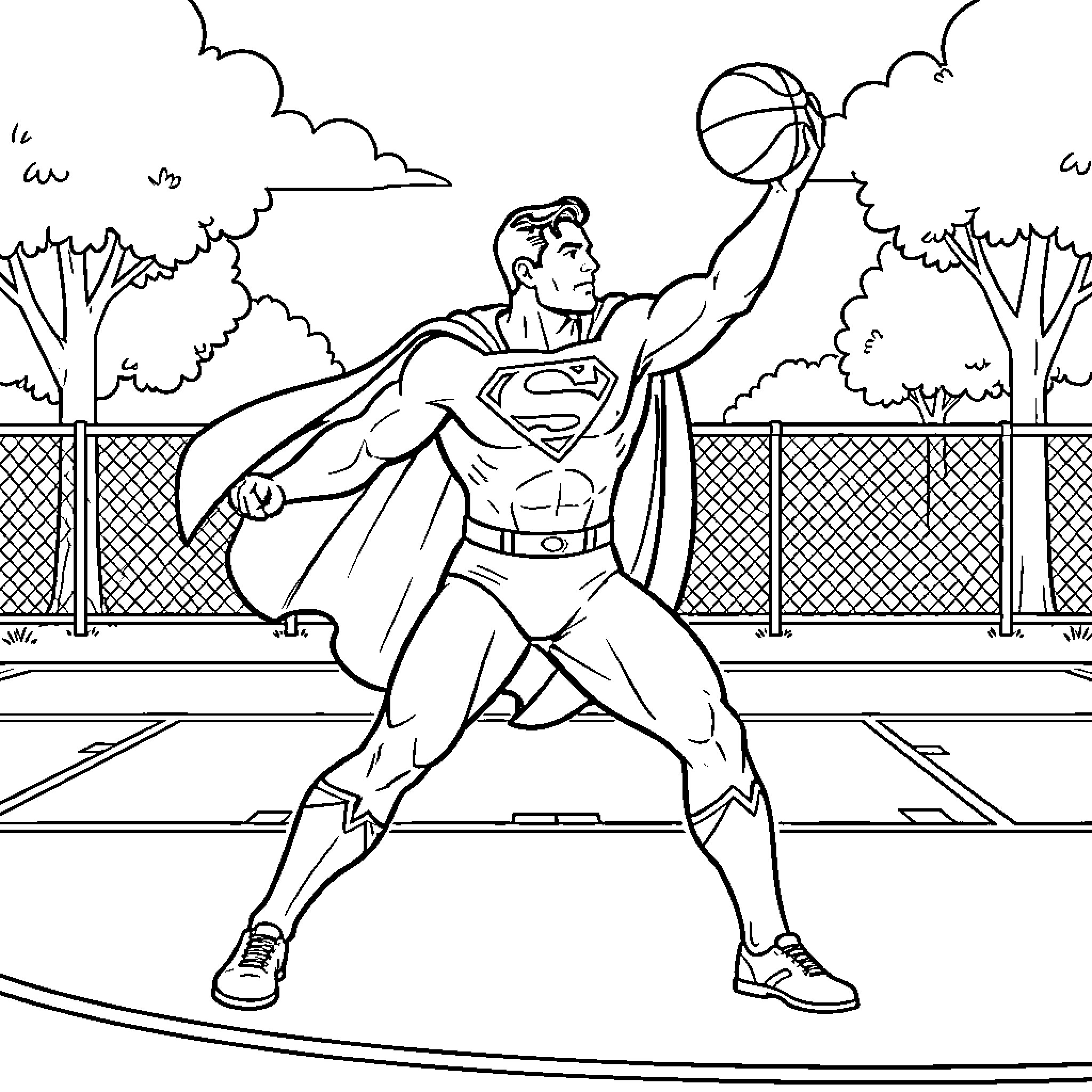 Superman preparing to shoot a basketball on a court Coloring Page (free black-and-white line drawing printable PDF for all, from beginners to advanced learners, including children, teens, adults, and seniors)