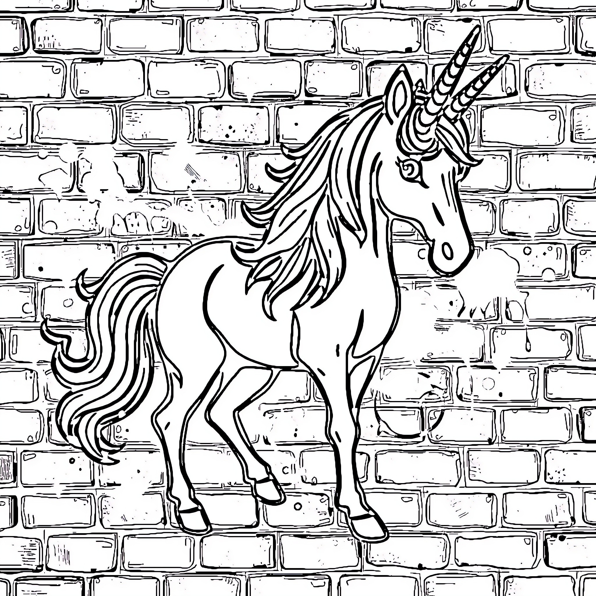 Unicorn standing tall on a brick wall Coloring Page (free black-and-white line drawing printable PDF for all, from beginners to advanced learners, including children, teens, adults, and seniors)