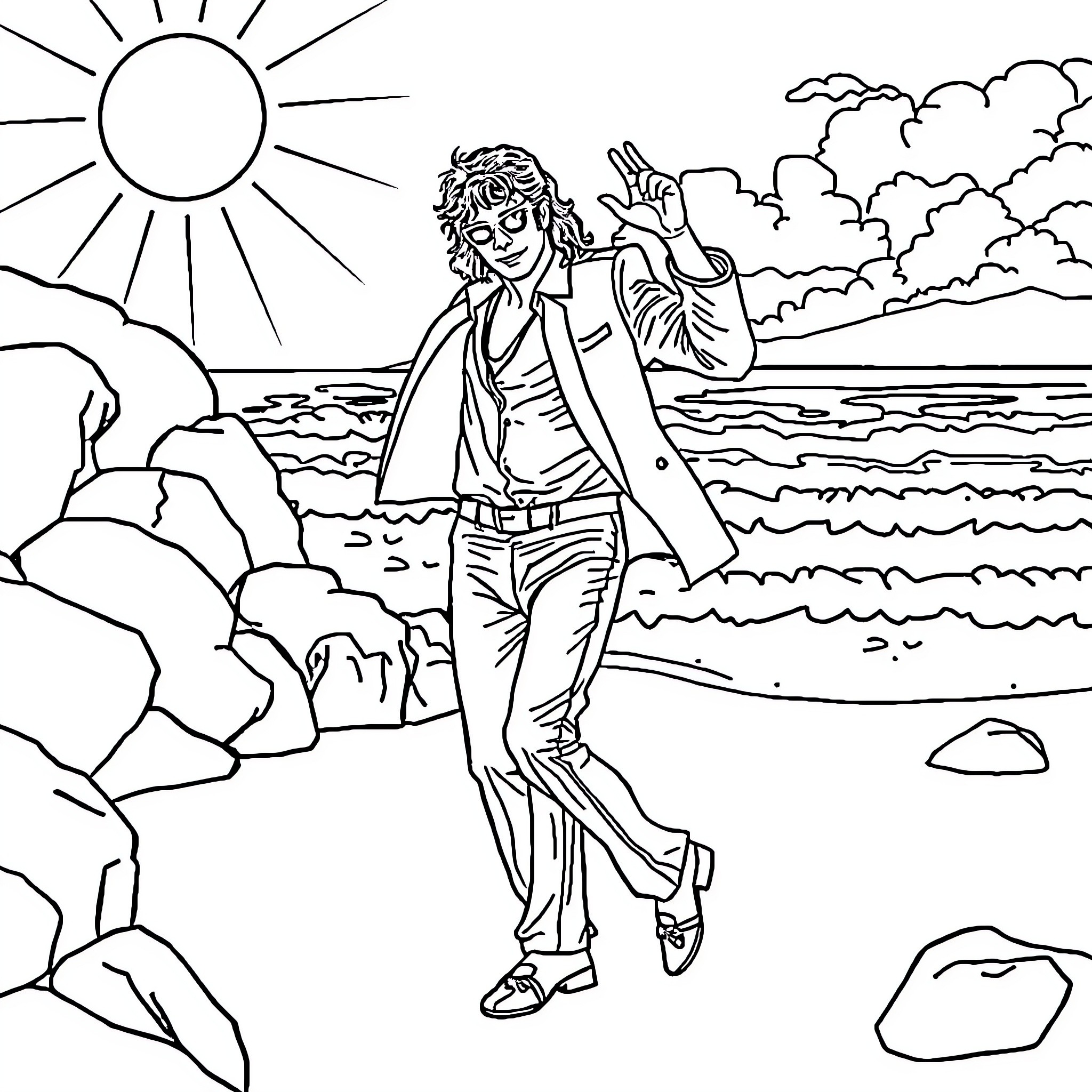 Michael Jackson's Beachside Dance Moves Coloring Page (free black-and-white line drawing printable PDF for all, from beginners to advanced learners, including children, teens, adults, and seniors)