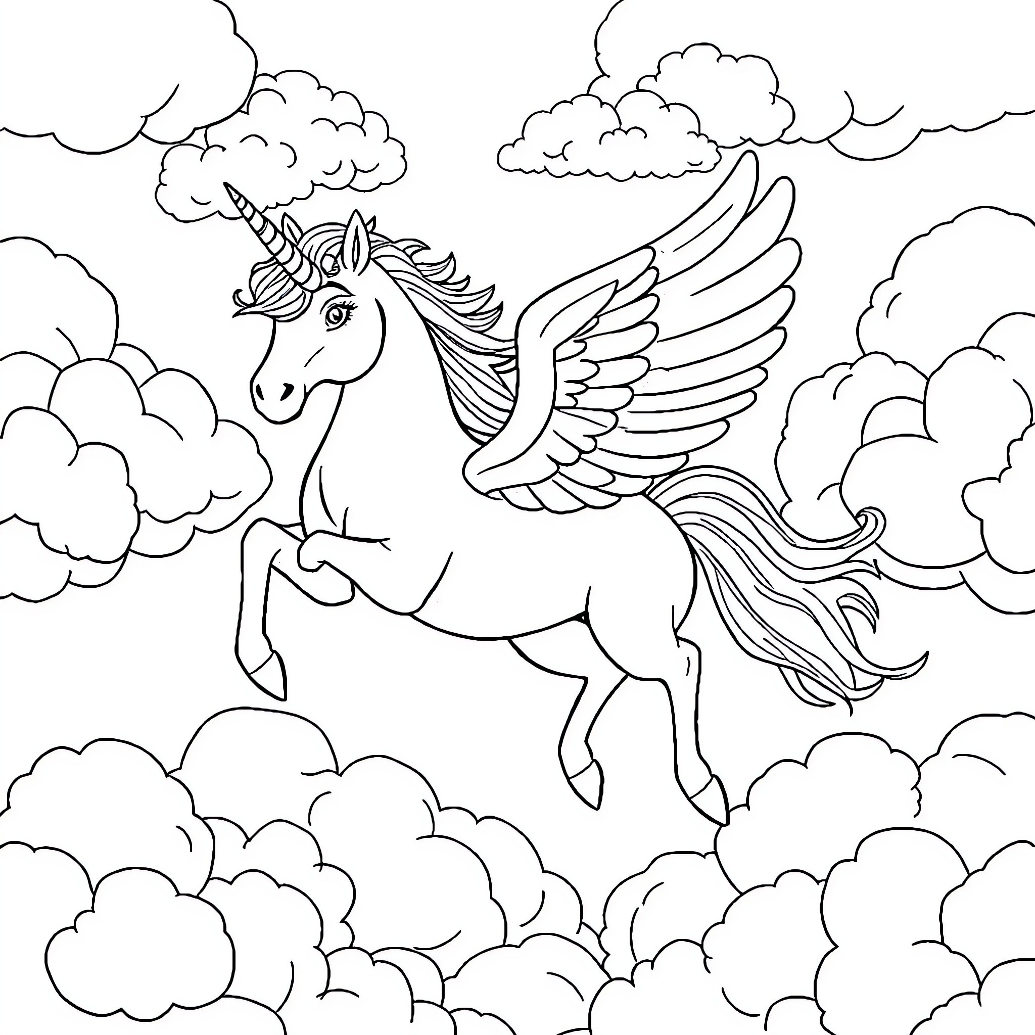 Pegasus soaring through the clouds Coloring Page (free black-and-white line drawing printable PDF for all, from beginners to advanced learners, including children, teens, adults, and seniors)