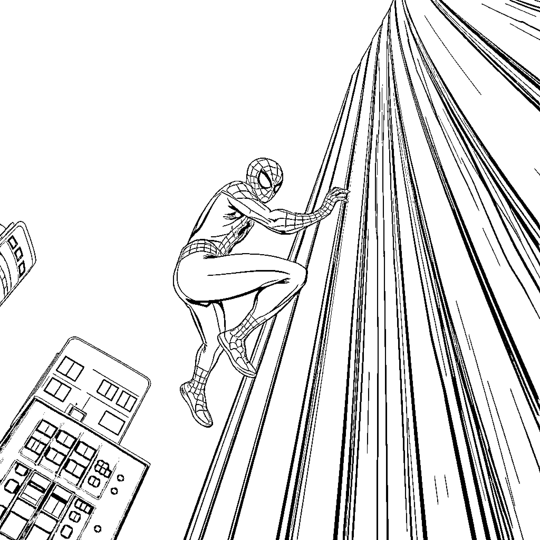Spiderman swinging through the city skyline Coloring Page (free black-and-white line drawing printable PDF for all, from beginners to advanced learners, including children, teens, adults, and seniors)
