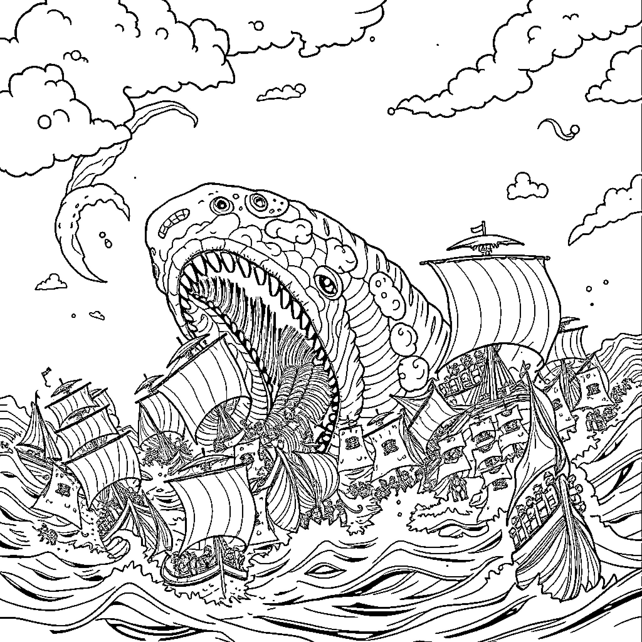 Barco of monster ships and whimsical creatures in the storm Coloring Page (free black-and-white line drawing printable PDF for all, from beginners to advanced learners, including children, teens, adults, and seniors)