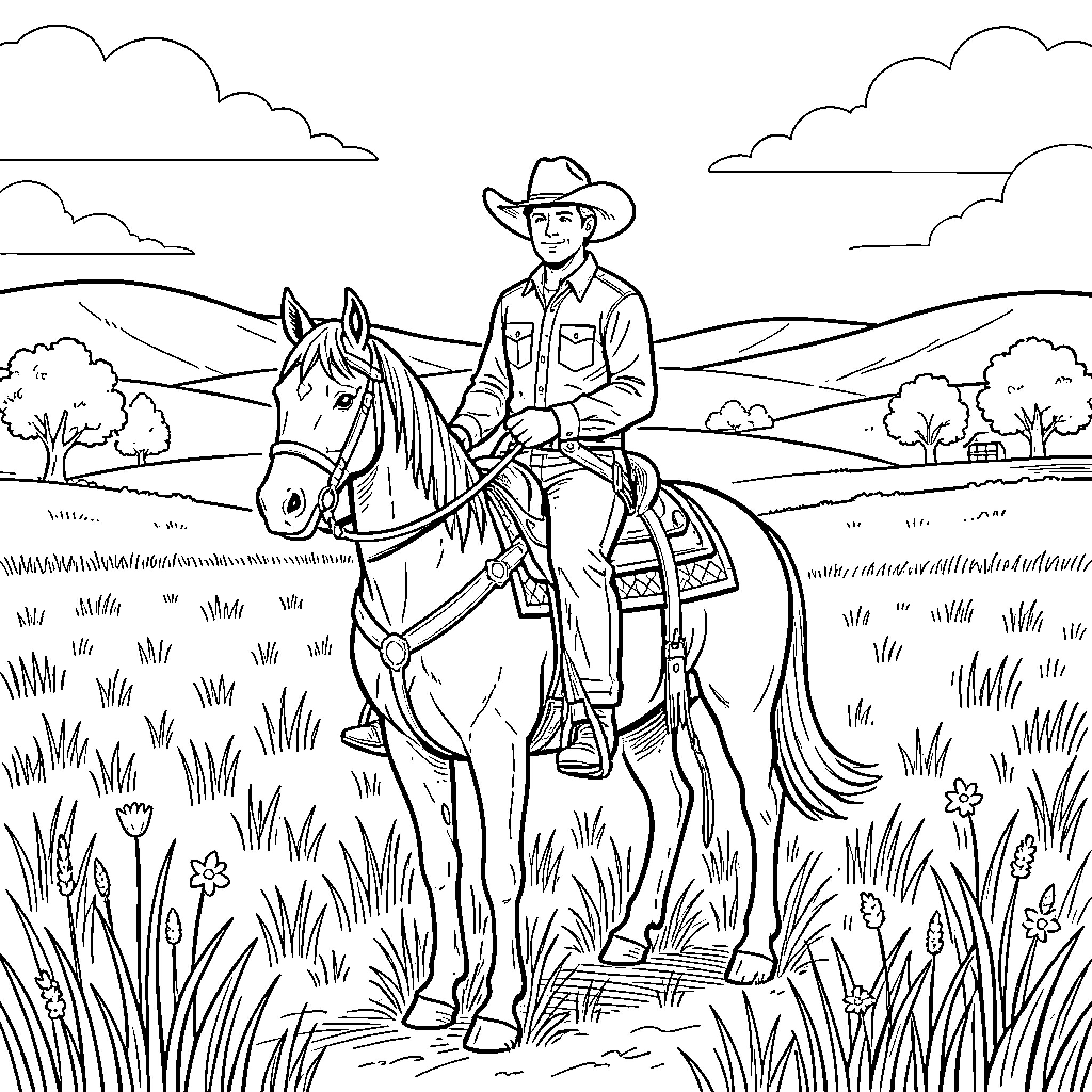 Cowboy riding a horse through a grassy field Coloring Page (free black-and-white line drawing printable PDF for all, from beginners to advanced learners, including children, teens, adults, and seniors)
