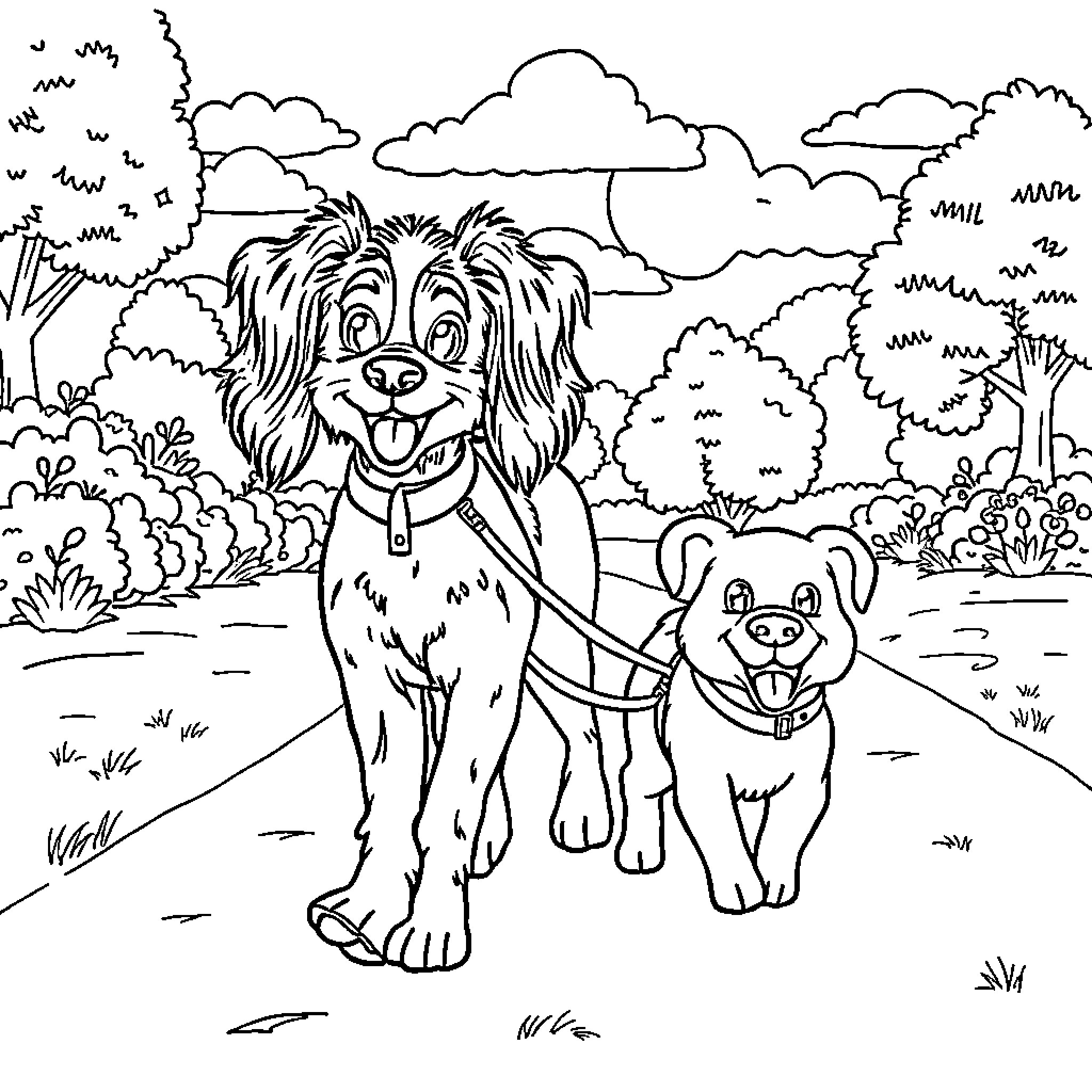 Dog and Puppy Taking a Walk in the Park Coloring Page (free black-and-white line drawing printable PDF for all, from beginners to advanced learners, including children, teens, adults, and seniors)
