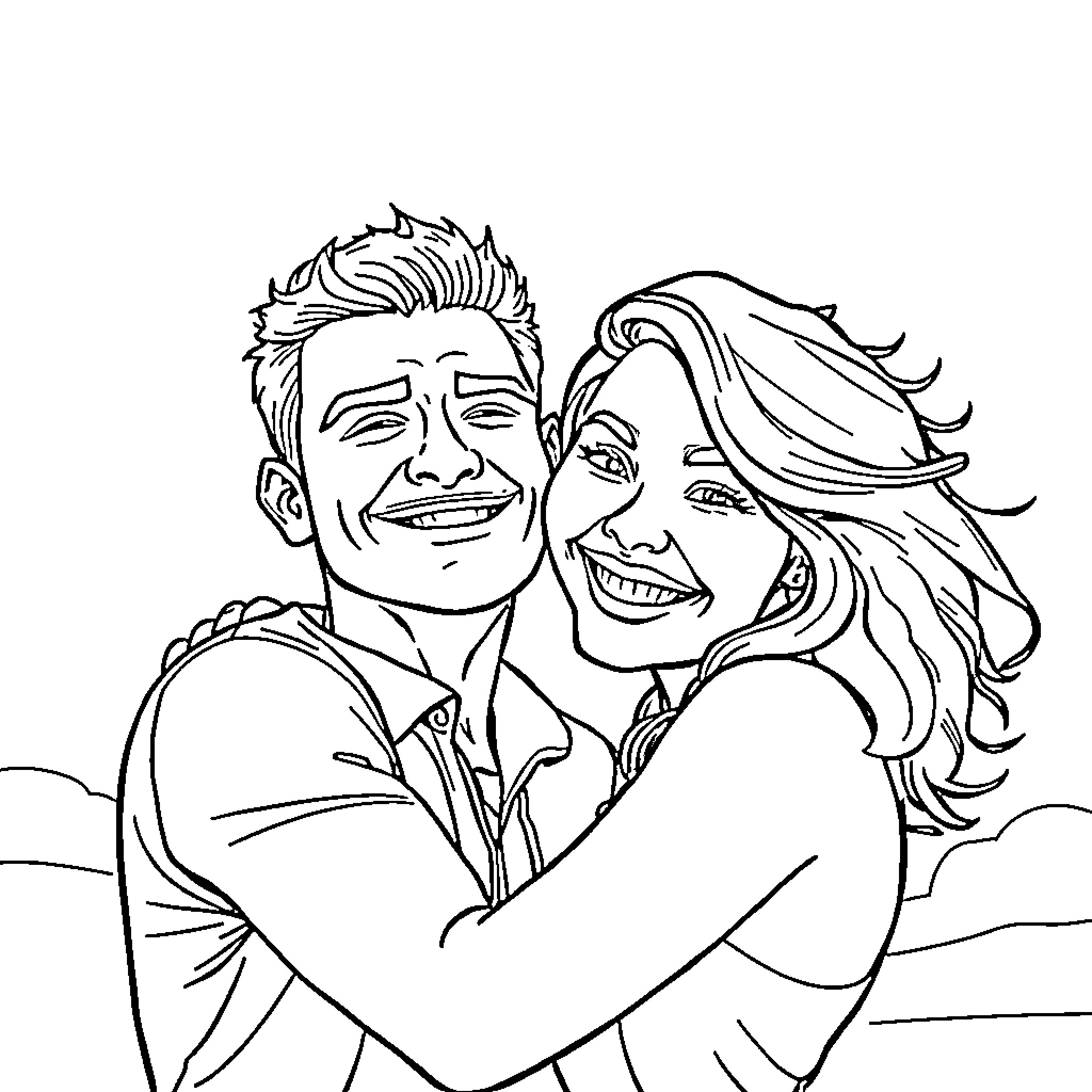 All For One: Couple's Embrace Coloring Page (free black-and-white line drawing printable PDF for all, from beginners to advanced learners, including children, teens, adults, and seniors)