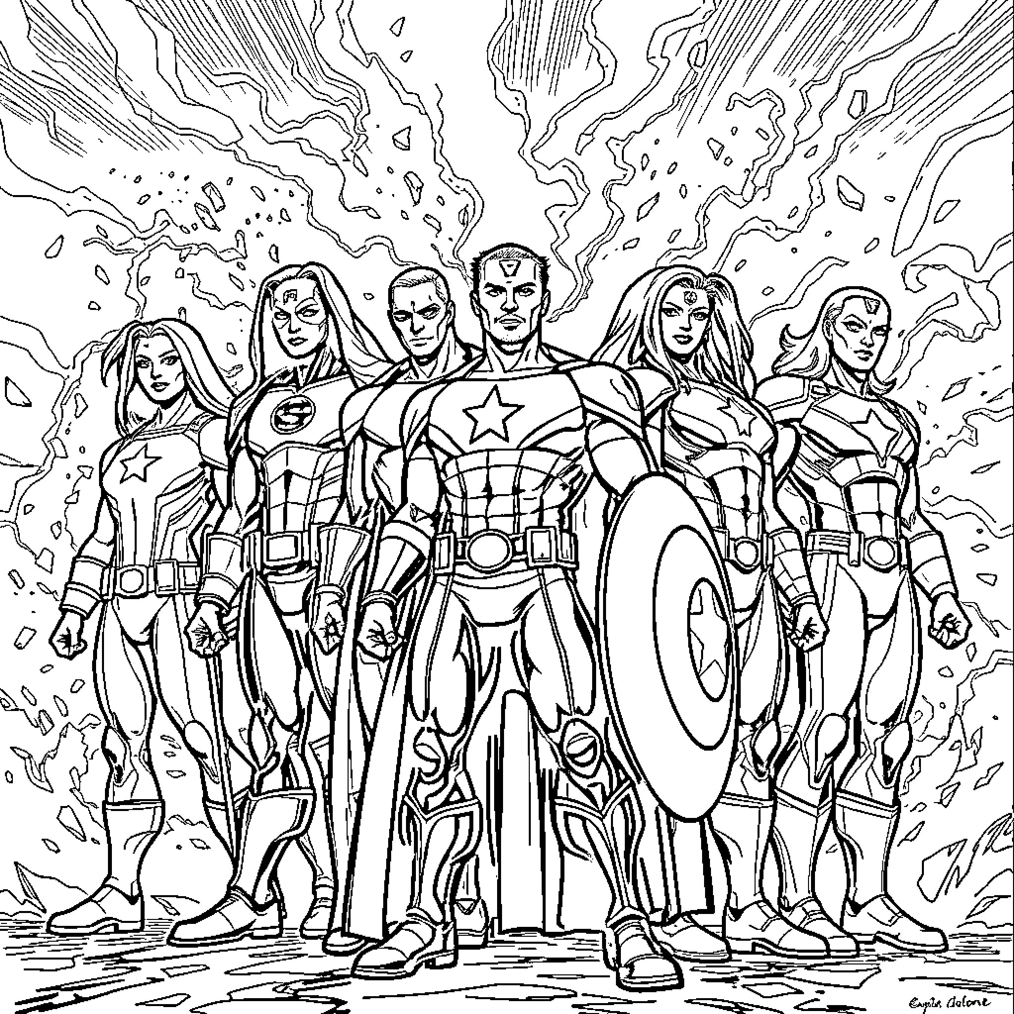 Avenger heroes in action poses Coloring Page (free black-and-white line drawing printable PDF for all, from beginners to advanced learners, including children, teens, adults, and seniors)