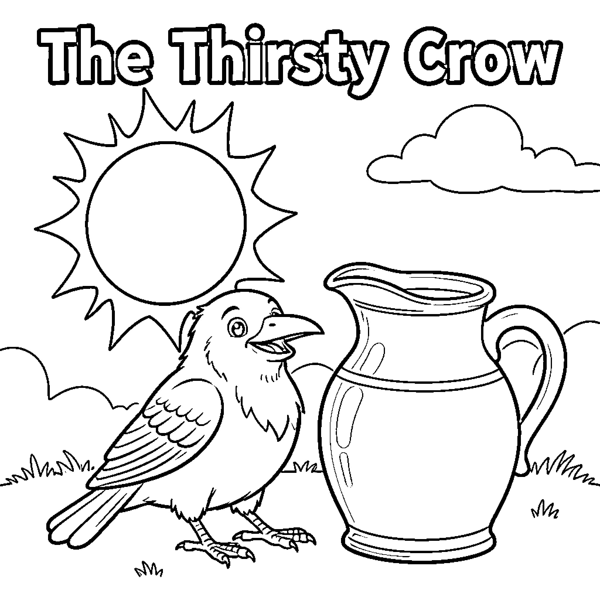 Crow Quenching Its Thirst Coloring Page (free black-and-white line drawing printable PDF for all, from beginners to advanced learners, including children, teens, adults, and seniors)